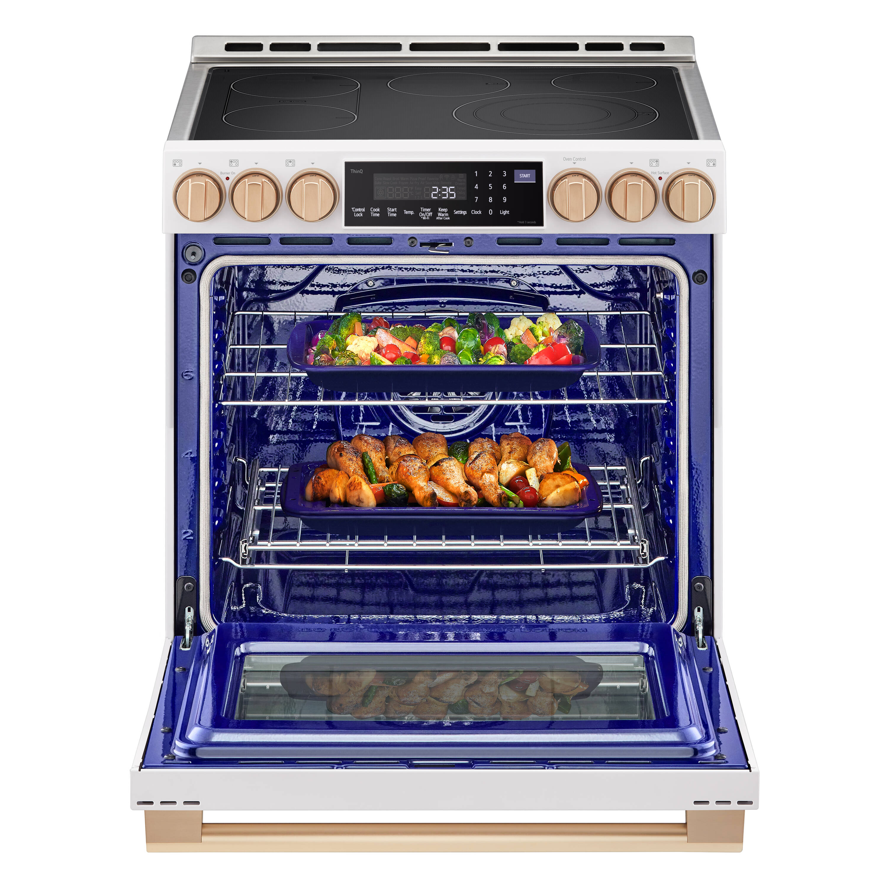 LG STUDIO 30-in Glass Top 5 burners 6.3-cu ft Air Fry Convection Oven Freestanding Electric Range ( Essence White )
