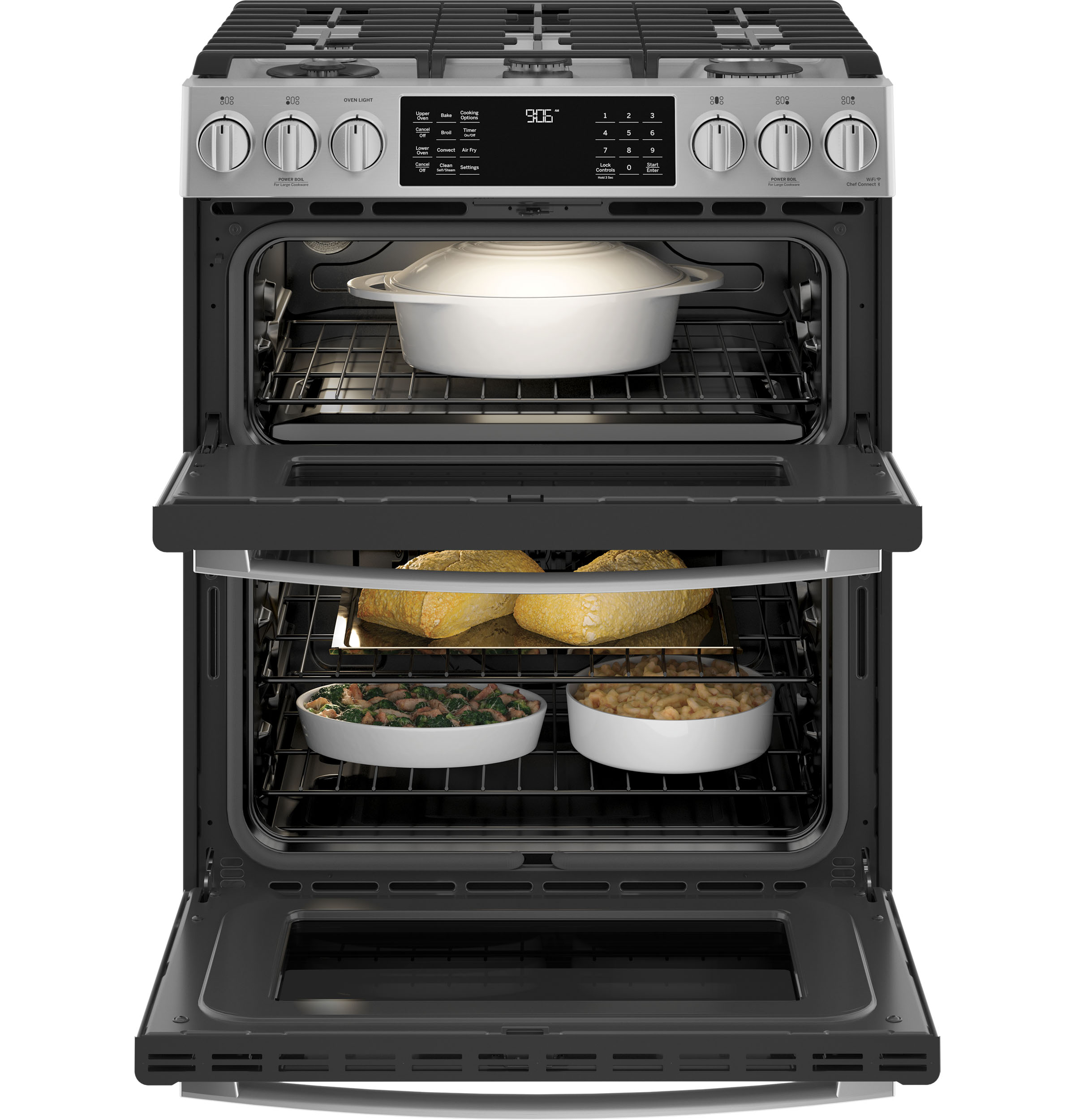 GE Profile 30-in 5 burners 4.3-cu ft / 2.4-cu ft Air Fry Convection Oven Slide-In Double Oven Gas Range ( Stainless Steel )