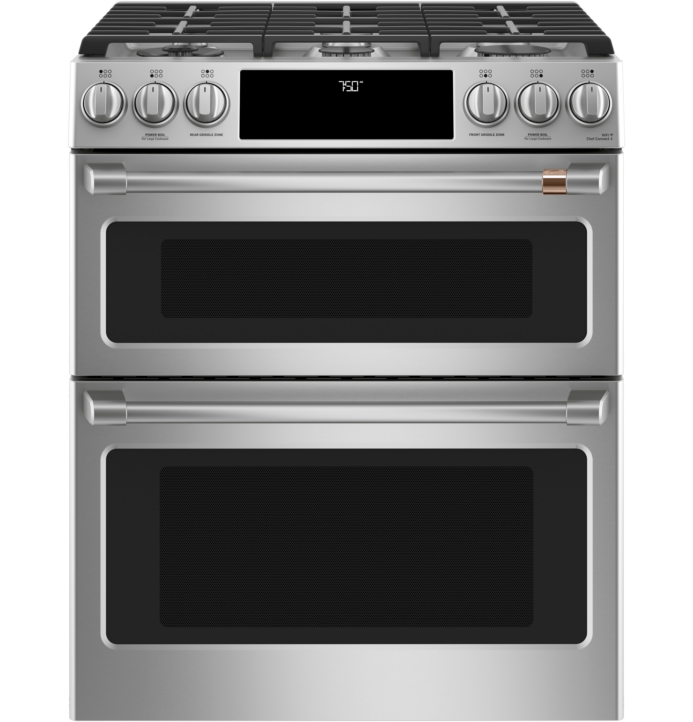 Cafe 30-in 6 burners 4.3-cu ft / 2.4-cu ft Air Fry Convection Oven Slide-In Double Oven Gas Range ( Stainless Steel with Brushed Stainless Handles Knobs )