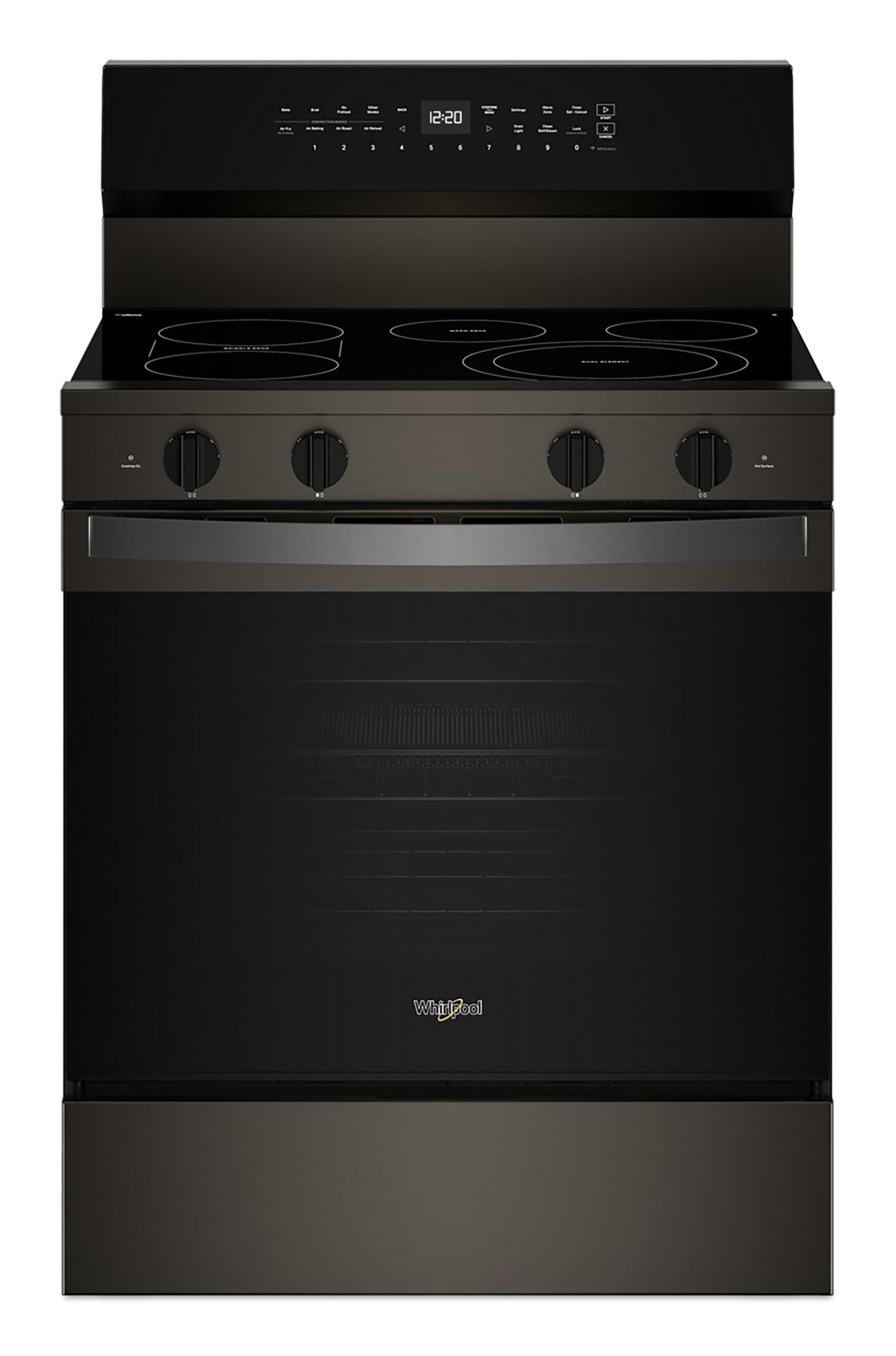 Whirlpool High Speed Preheat 30-in Glass Top 5 burners 5.3-cu ft Convection Oven Freestanding Electric Range with WipeClean Coating ( Black Stainless Steel )