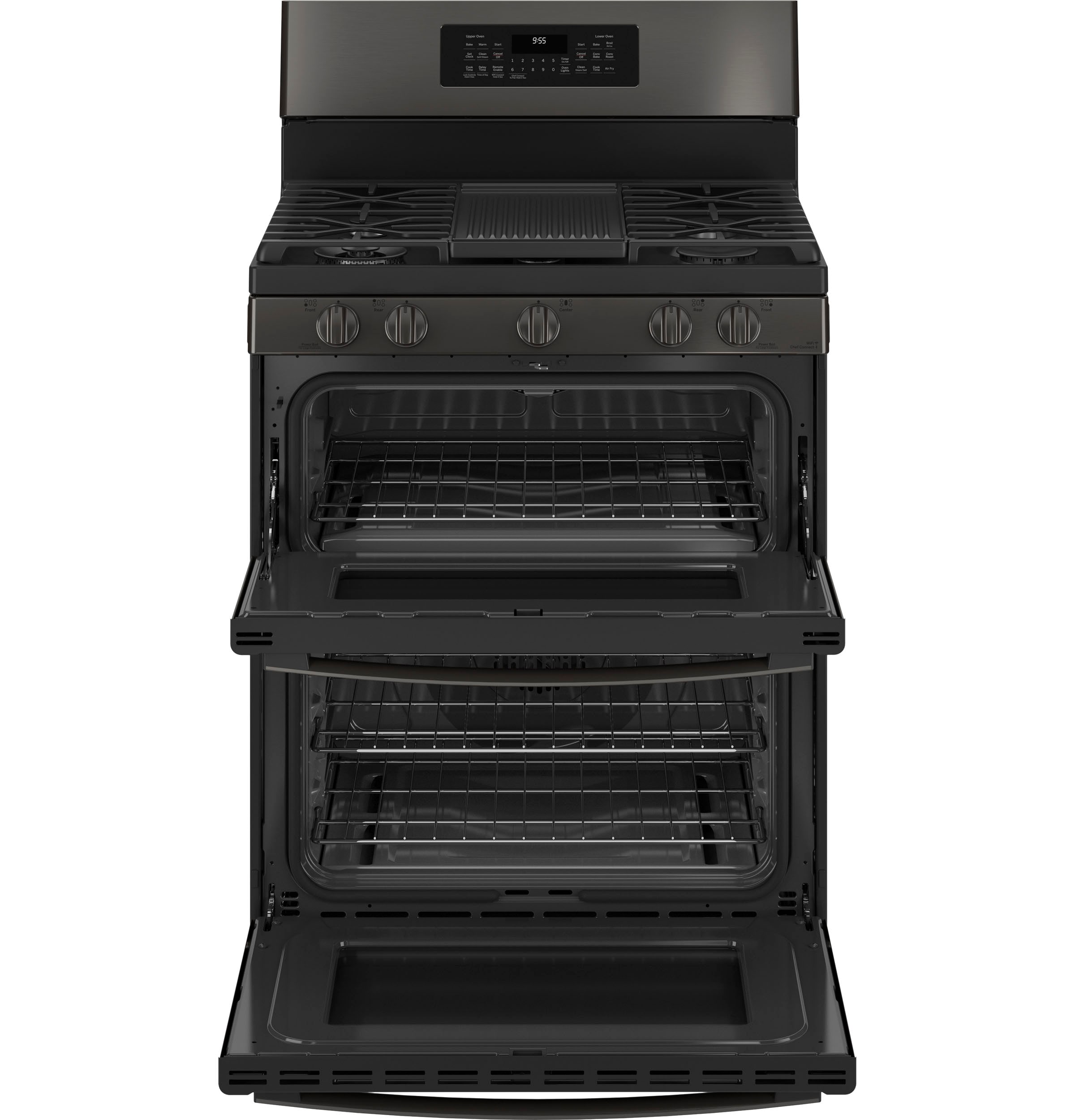 GE Profile 30-in 5 burners 4.3-cu ft / 2.5-cu ft Air Fry Convection Oven Freestanding Double Oven Gas Range ( Black Stainless )
