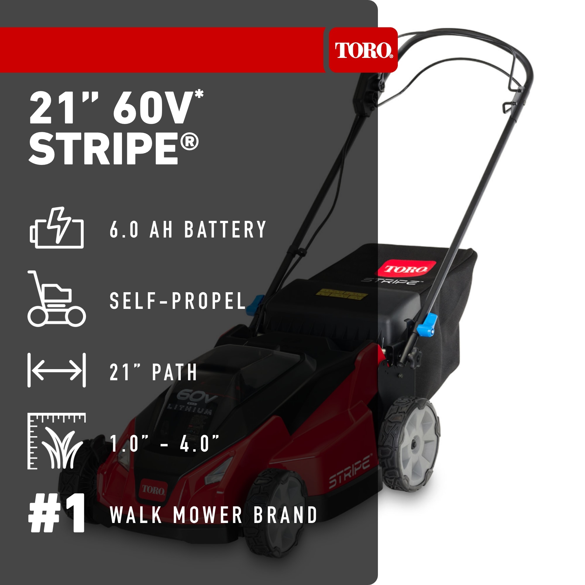 Toro Stripe 21-in 60-volt, Self-Propelled Battery Walk Mower with (1) 6ah Battery Included