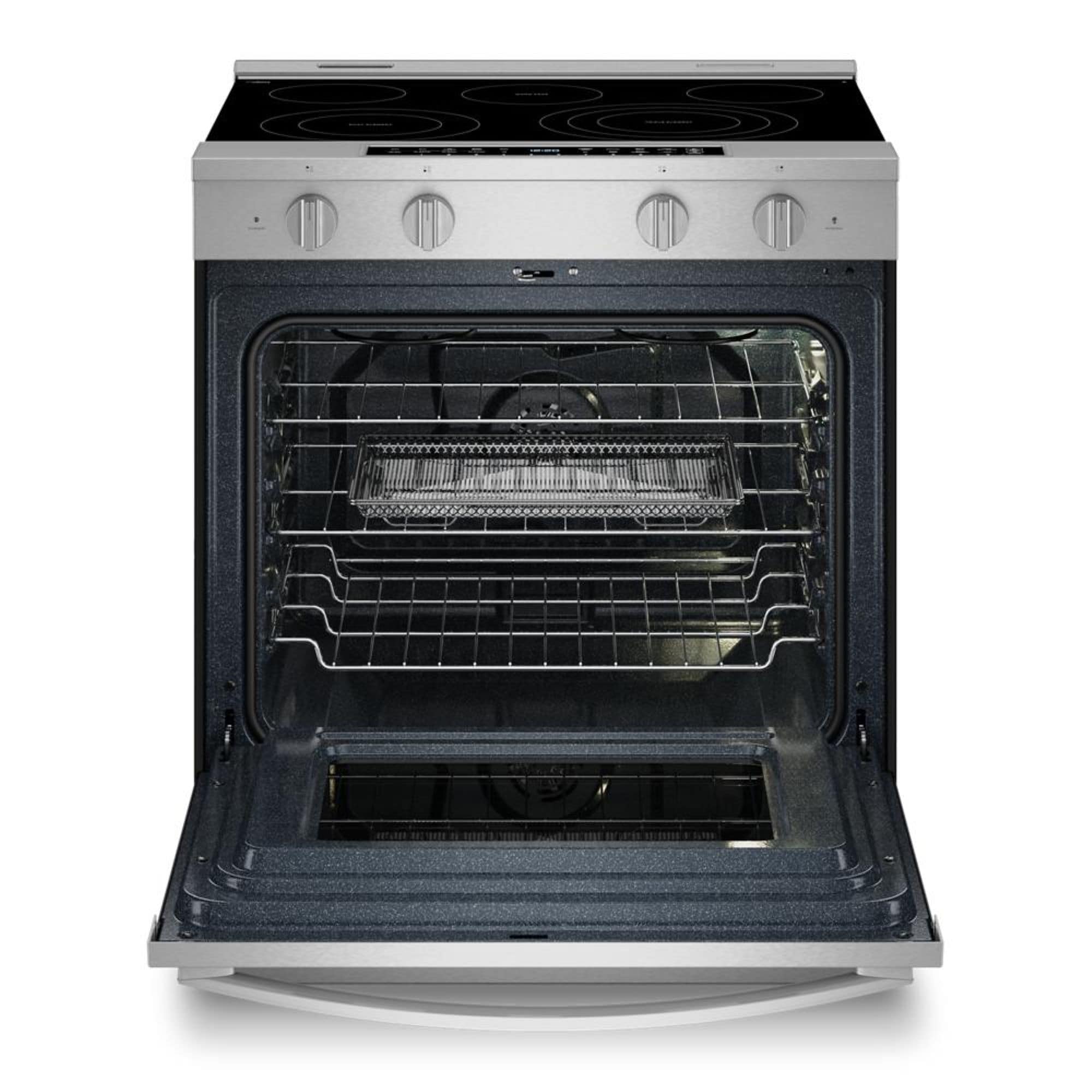 Whirlpool 30-in Glass Top 5 burners 5.3-cu ft Air Fry Convection Oven Slide-In Electric Range with WipeClean Coating ( Fingerprint Resistant Stainless Steel )