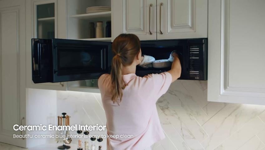 Samsung 1 1 cu ft Bespoke Smart SLIM Over the Range Microwave with 400 CFM Hood Ventilation Wi Fi and Voice Control