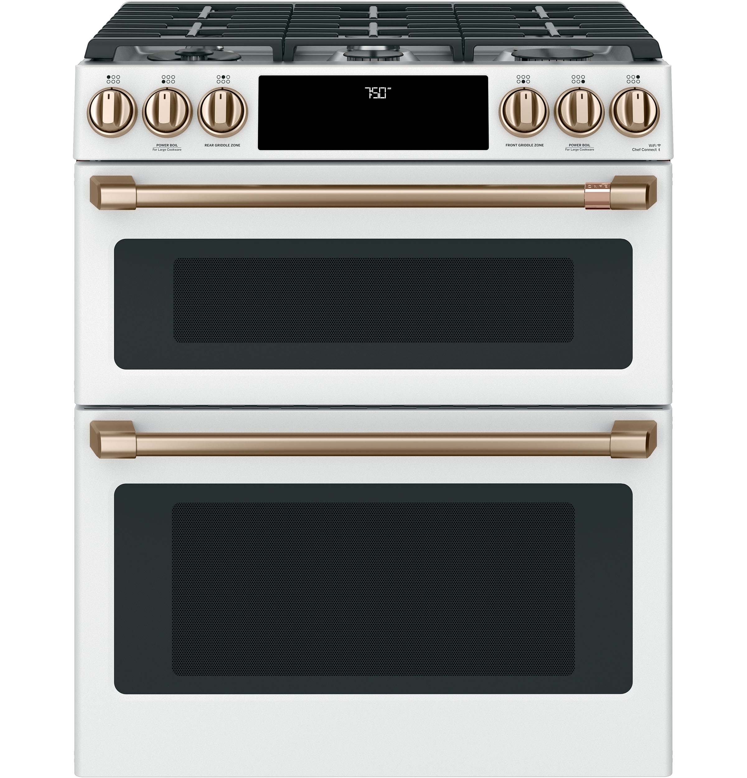 Cafe 30-in 6 burners 4.3-cu ft / 2.4-cu ft Air Fry Convection Oven Slide-In Double Oven Gas Range ( Matte White with Brushed Bronze Handles )