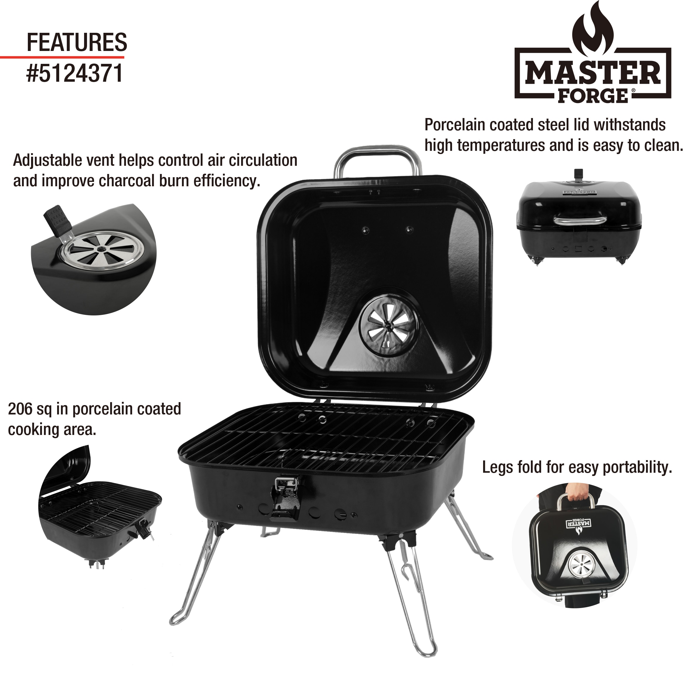 Master Forge 206-Sq. in Black porcelain coated Portable Charcoal Grill