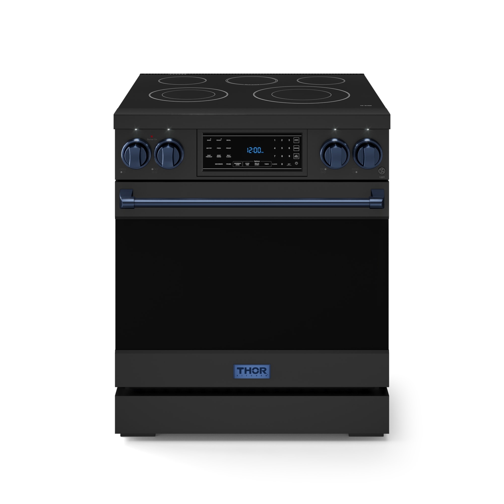Thor Kitchen Gordon Ramsay Series 30-in Glass Top 5 burners 4.55-cu ft Air Fry Convection Oven Freestanding Electric Range ( Matte Black with Navy Blue Accents )