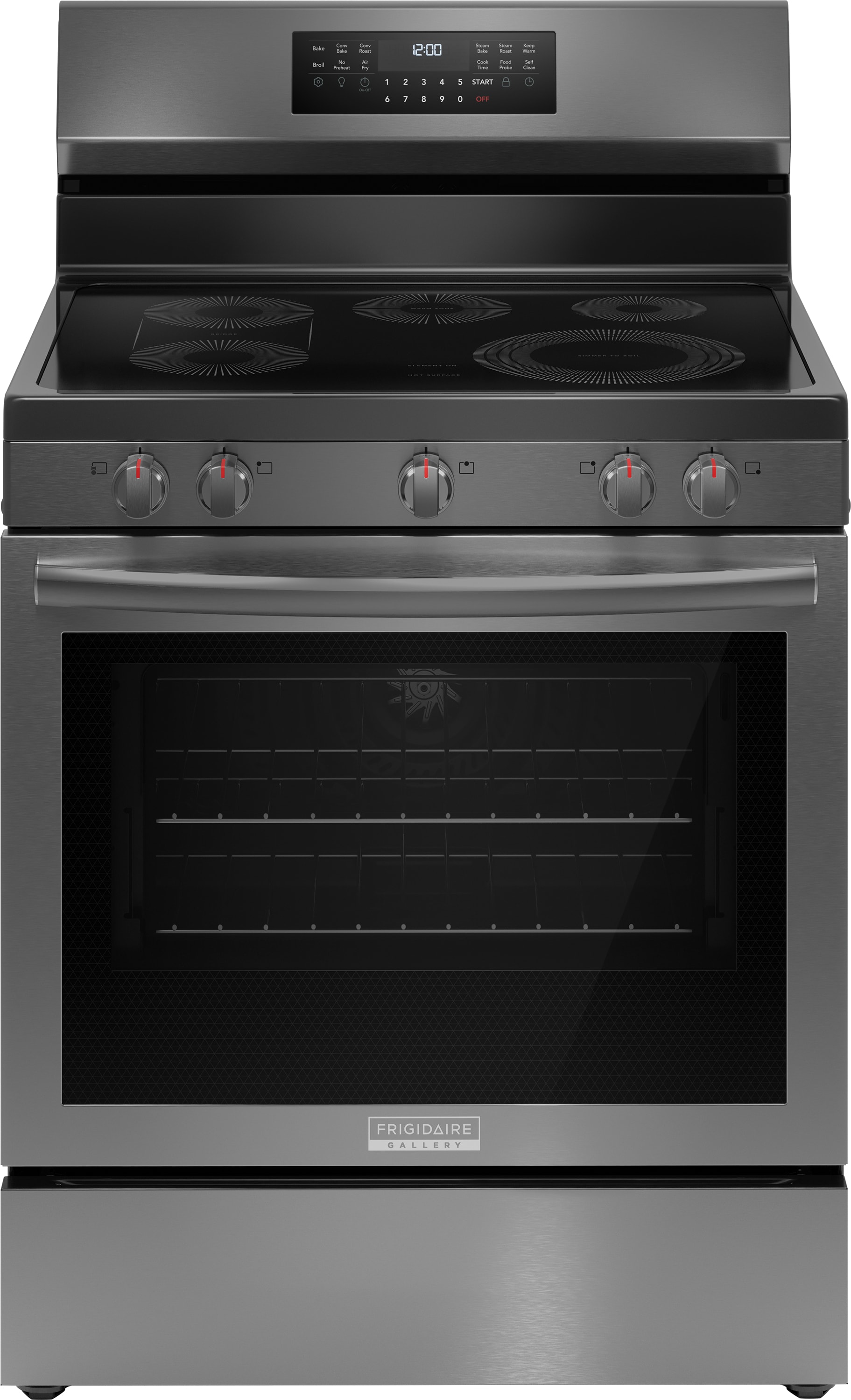 Frigidaire Gallery 30-in Glass Top 5 burners 5.3-cu ft Air Fry Convection Oven Freestanding Electric Range Smudge-Proof Black Stainless Steel )