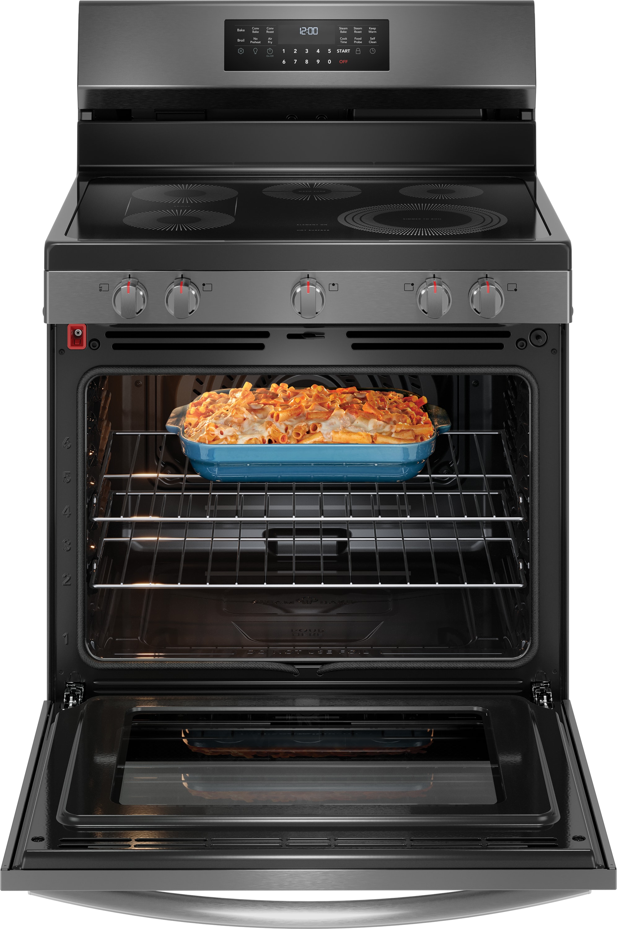 Frigidaire Gallery 30-in Glass Top 5 burners 5.3-cu ft Air Fry Convection Oven Freestanding Electric Range Smudge-Proof Black Stainless Steel )