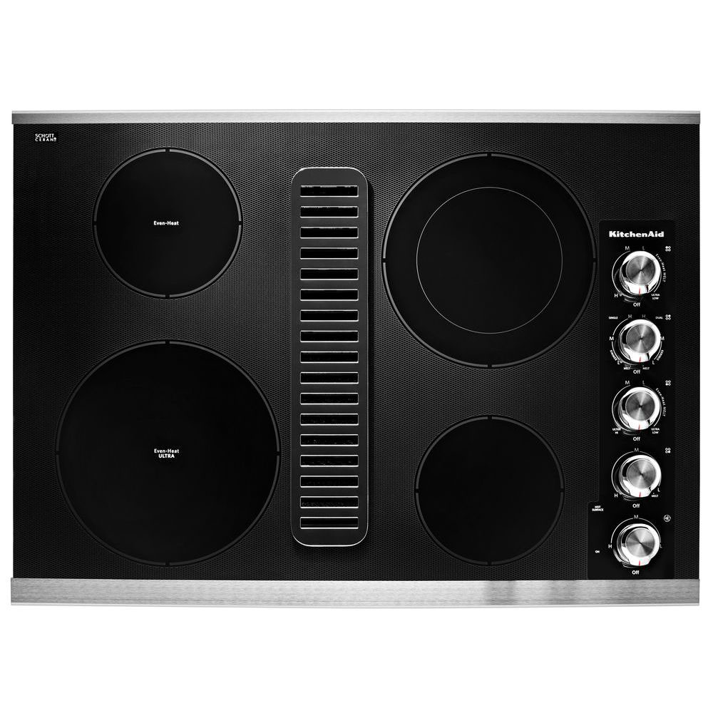 KitchenAid 30-in 4 burners Smooth Surface (Radiant) Stainless steel Electric Cooktop with Downdraft Exhaust