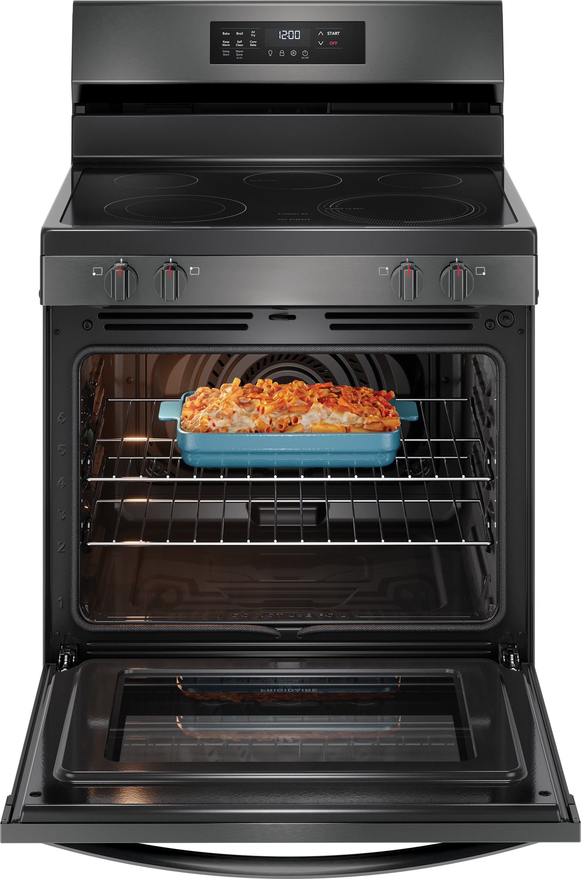 Frigidaire 30-in Glass Top 5 burners 5.3-cu ft Air Fry Convection Oven Freestanding Electric Range Black Stainless Steel )