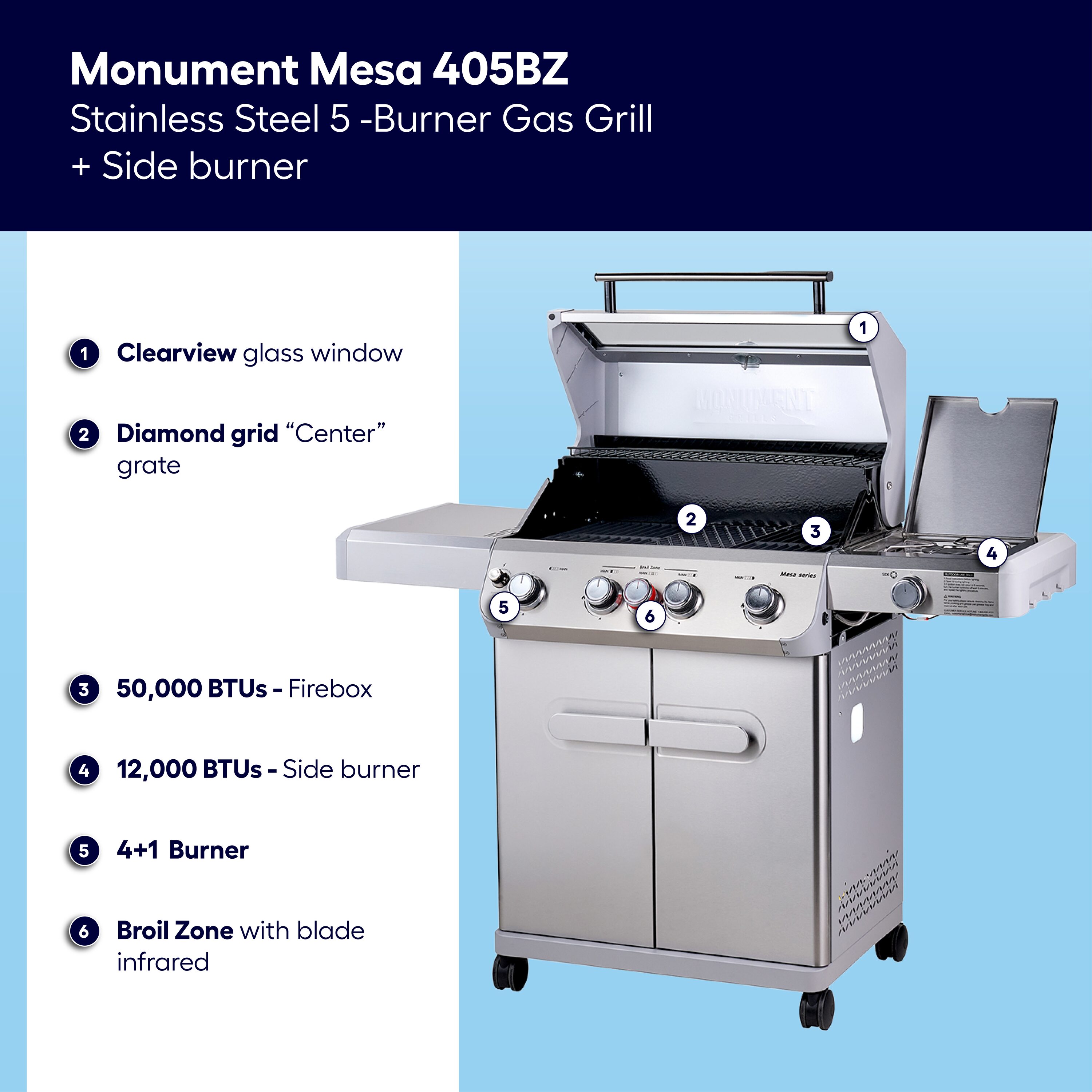 Monument Mesa 405BZ Stainless Steel 5 -Burner Infrared Liquid Propane Gas Grill 1 -Side Burner
