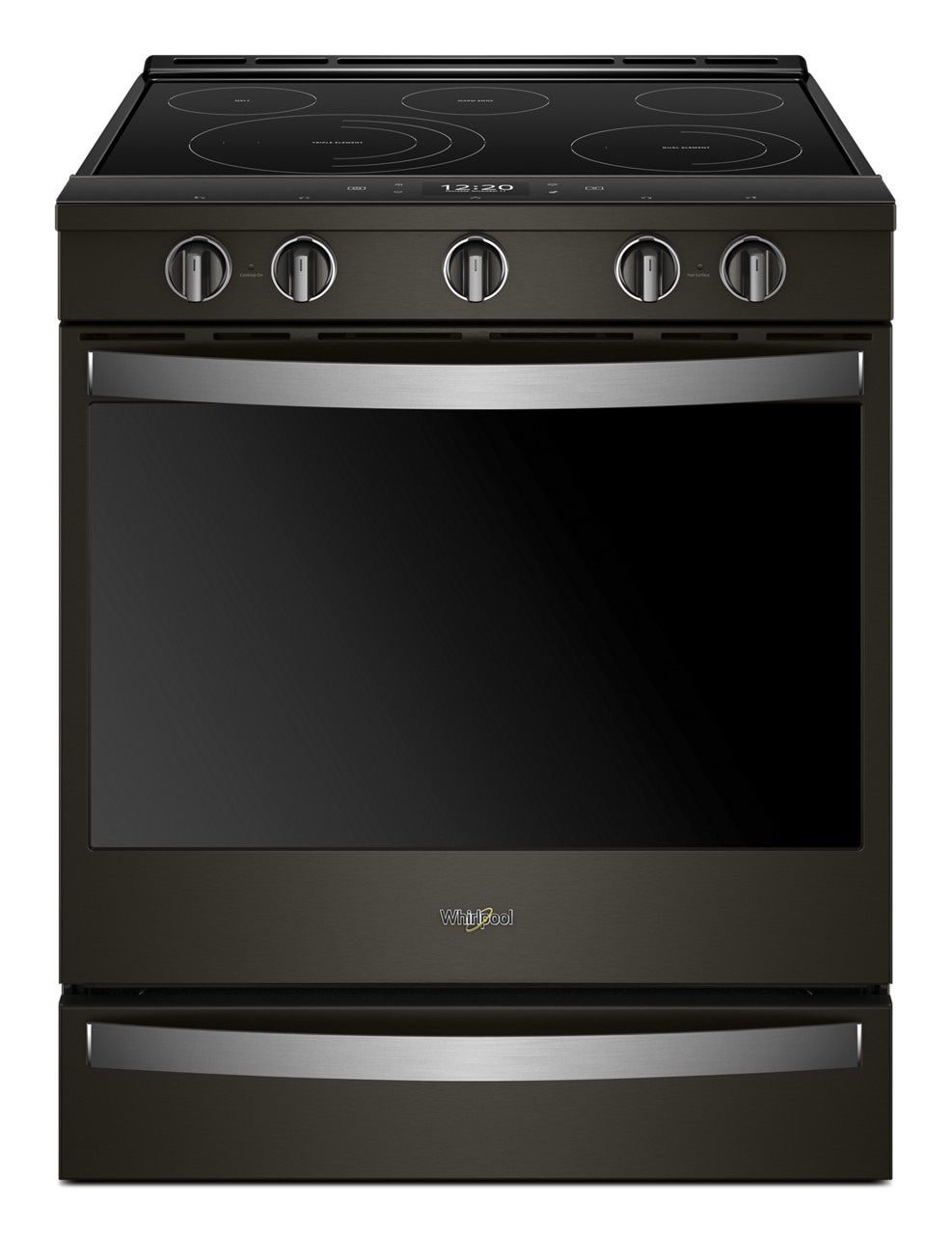 Whirlpool 30-in Glass Top 5 burners 6.4-cu ft Air Fry Convection Oven Slide-In Electric Range ( Fingerprint Resistant Black Stainless )
