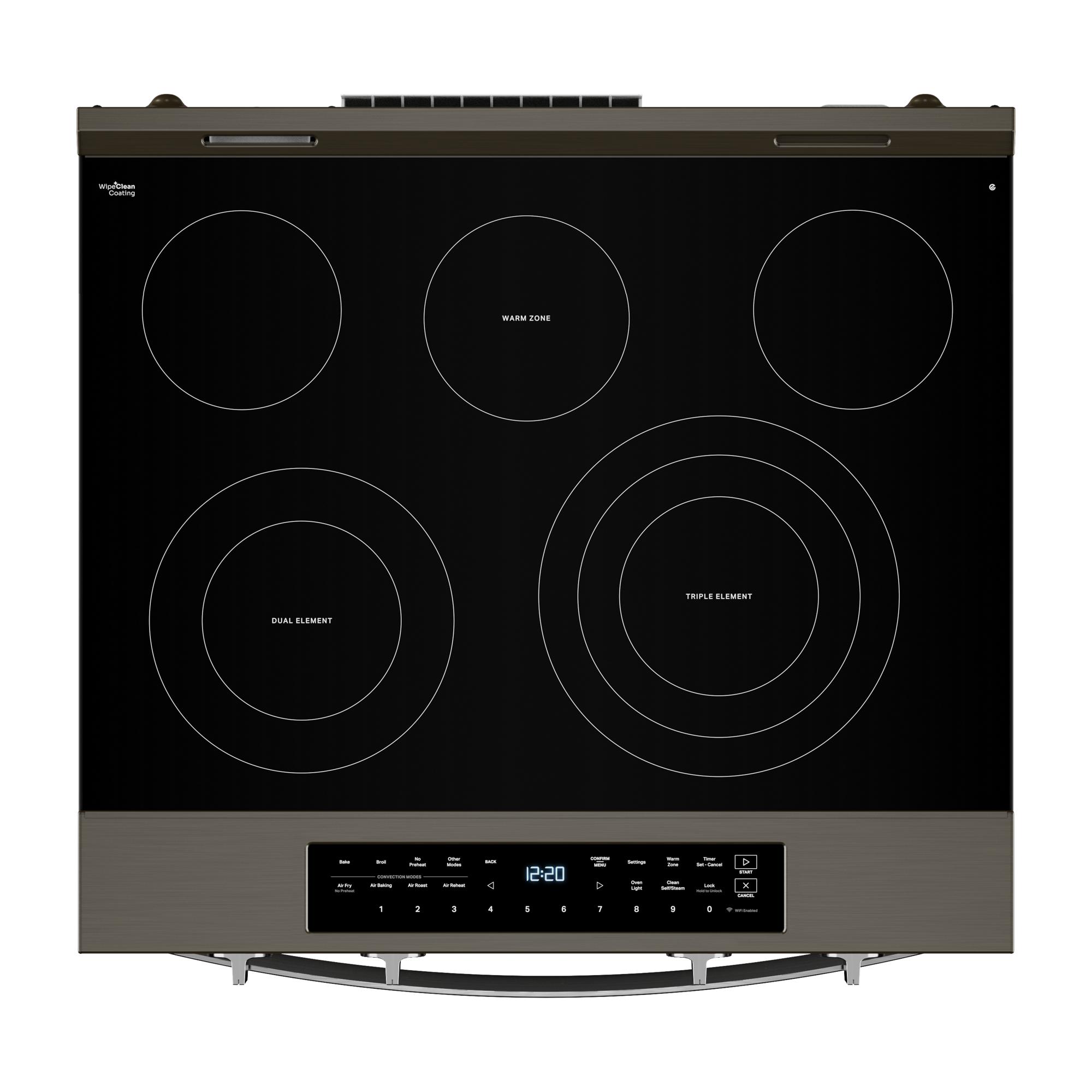 Whirlpool 30-in Glass Top 5 burners 5.3-cu ft Air Fry Convection Oven Slide-In Electric Range with WipeClean Coating ( Black Stainless )