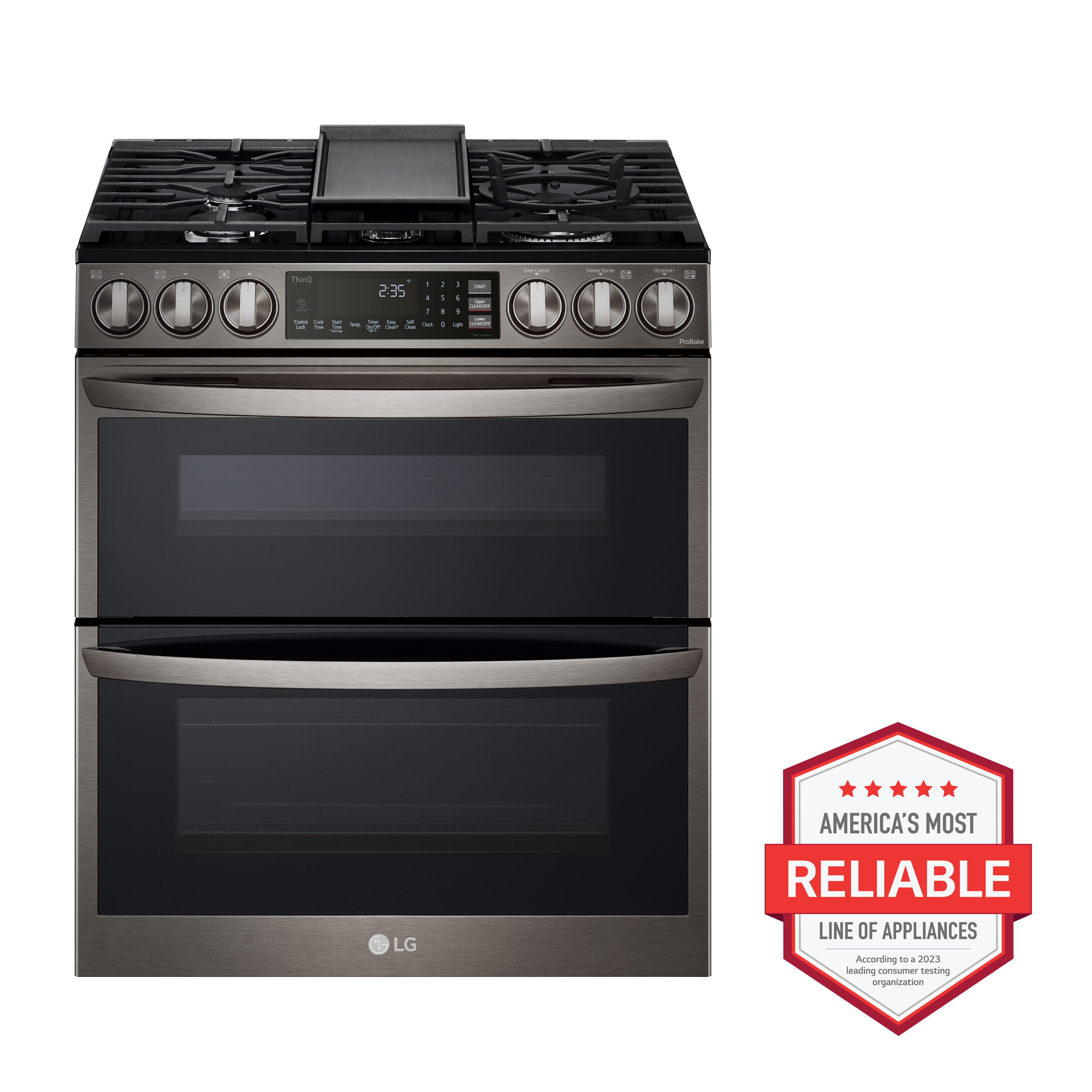 LG 30-in 5 burners 2.6-cu ft / 4.3-cu ft Air Fry Convection Oven Slide-In Double Oven Gas Range ( PrintProof Black Stainless Steel )