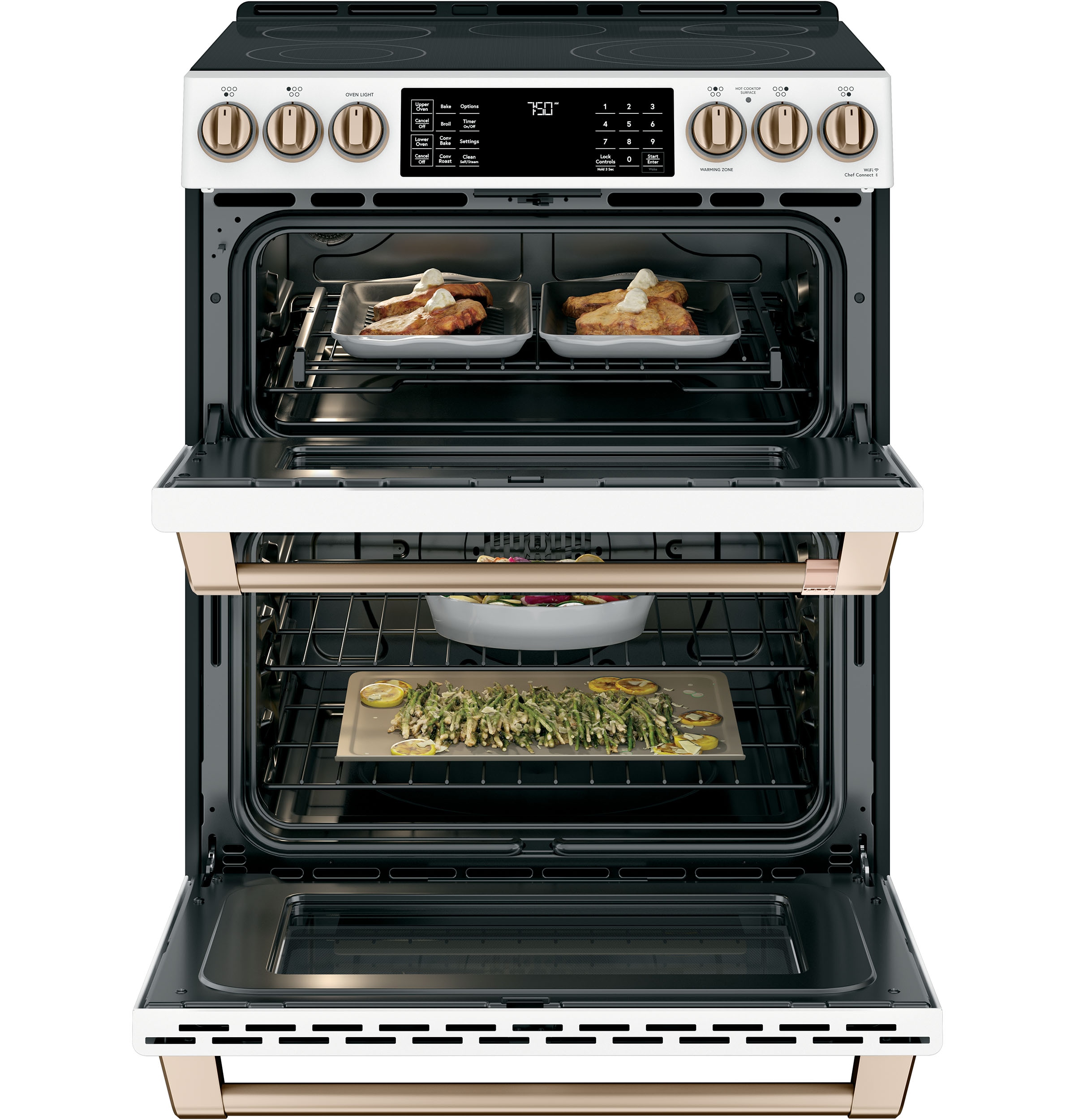 Cafe 30-in Glass Top 5 burners 4.4-cu ft / 2.2-cu ft Air Fry Convection Oven Slide-In Double Oven Electric Range ( Matte White with Brushed Bronze Handles Knobs )