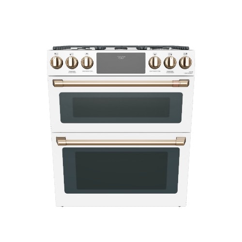 Cafe 30-in 6 burners 4.3-cu ft / 2.4-cu ft Air Fry Convection Oven Slide-In Double Oven Gas Range ( Matte White with Brushed Bronze Handles )