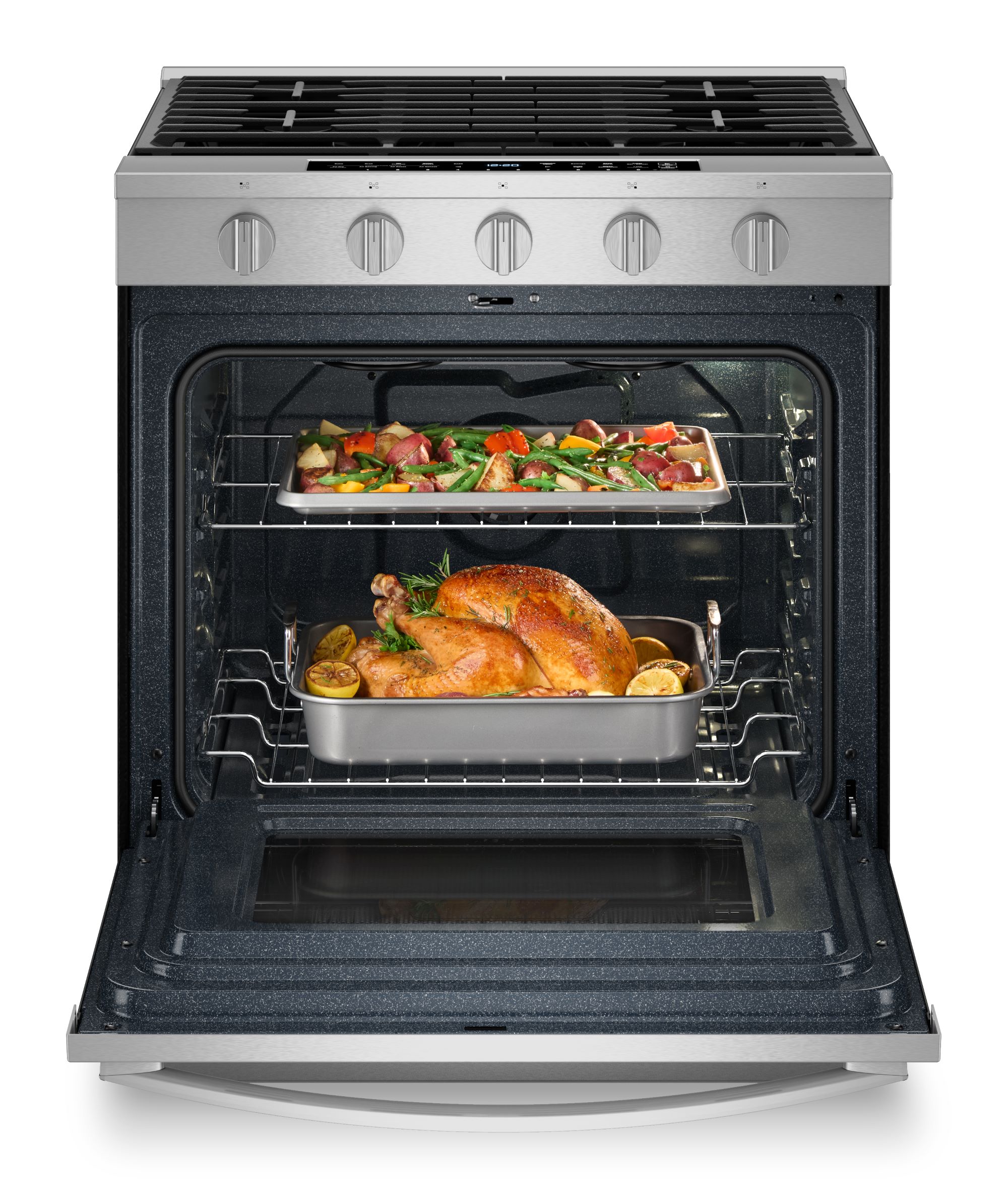 Whirlpool 30-in 5 burners 5-cu ft Air Fry Convection Oven Slide-In Natural Gas Range ( Stainless Steel )