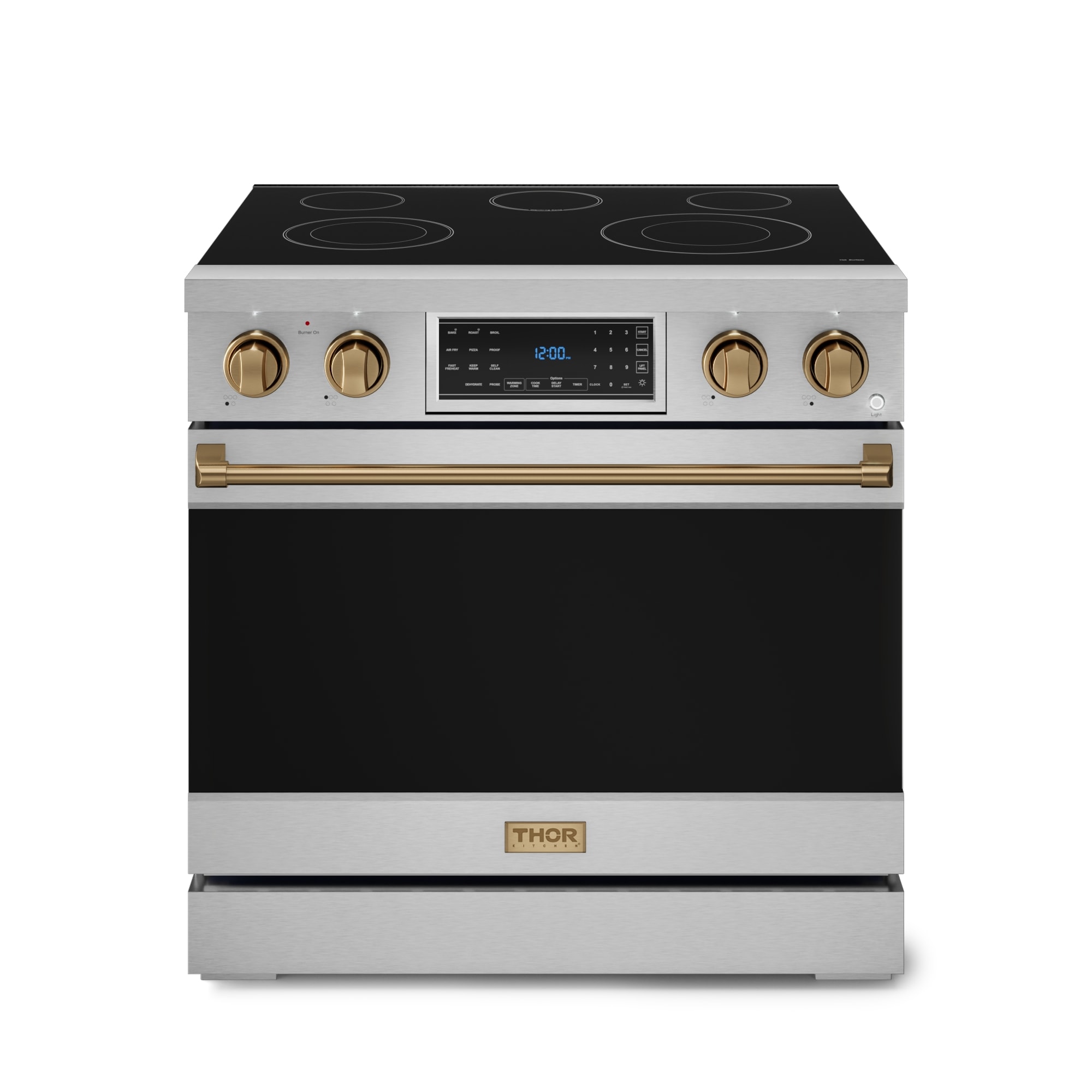 Thor Kitchen Gordon Ramsay Series 36-in Glass Top 5 burners 6-cu ft Air Fry Convection Oven Freestanding Electric Range ( Stainless Steel with Bronze Accents )