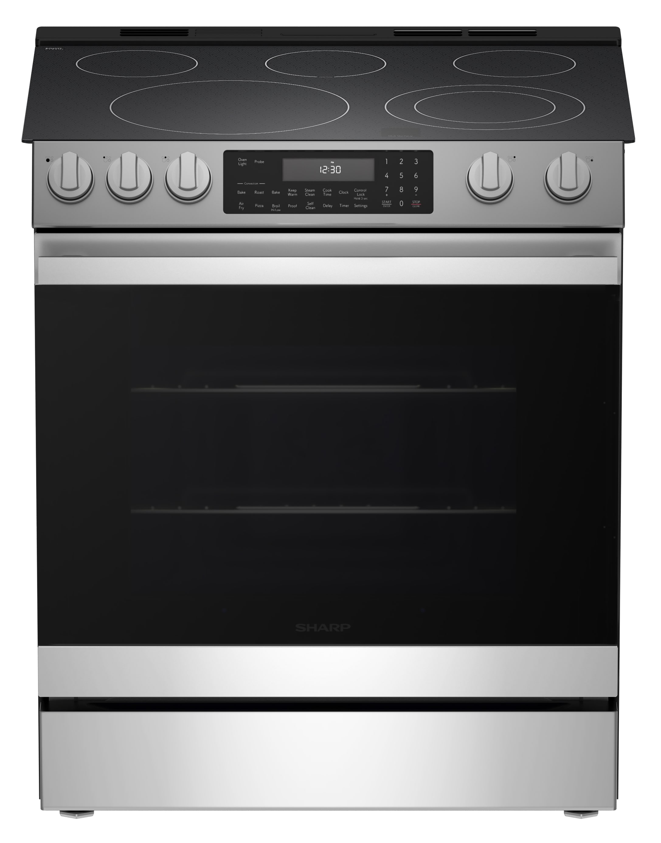 Sharp 30-in Glass Top 5 burners 6.3-cu ft Air Fry Convection Oven Slide-In Electric Range ( Stainless Steel )