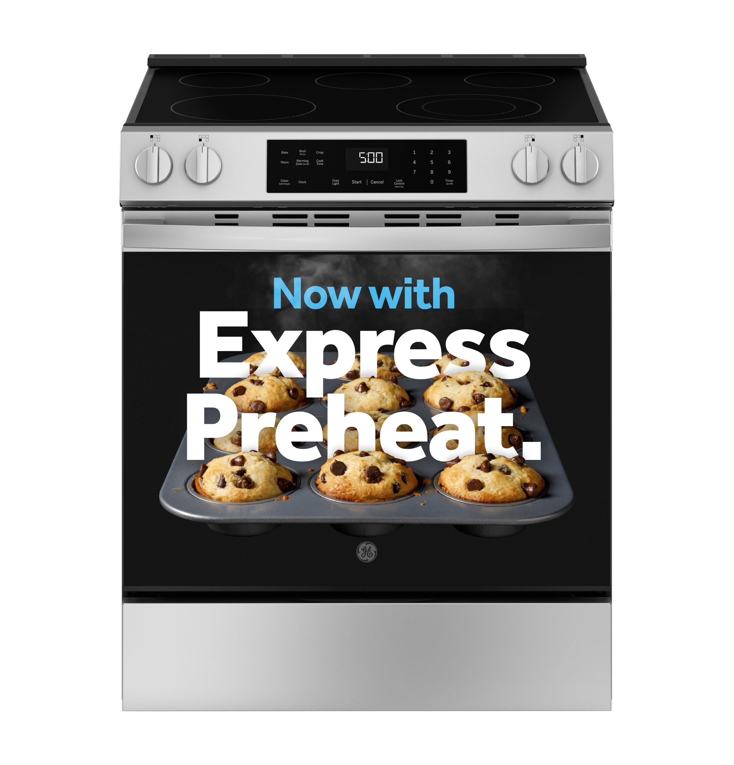 GE Crisp Mode 30-in Glass Top 5 burners 5.3-cu ft Slide-In Electric Range ( Stainless Steel )
