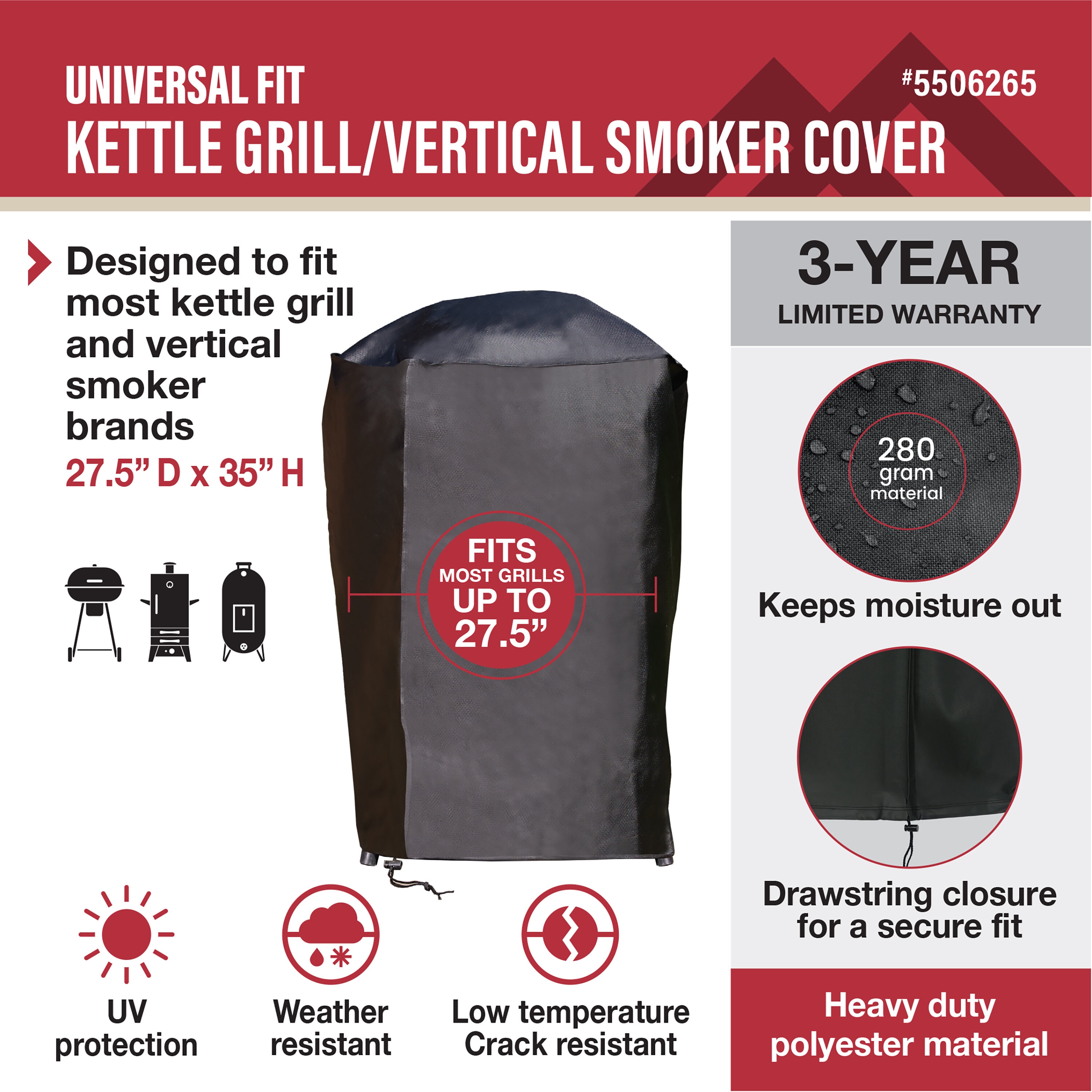 Master Forge Universal Fit 27.5-in W x 35-in H Black Vertical smoker Cover