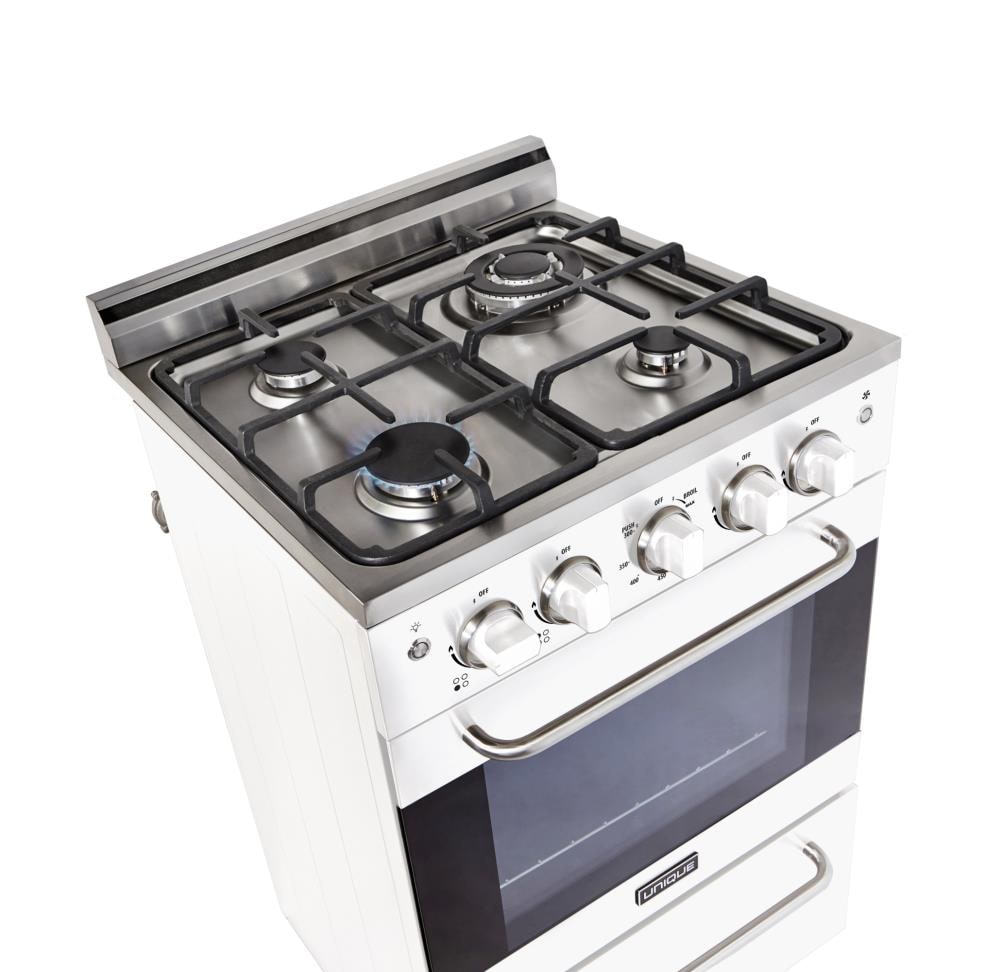 UNIQUE Prestige 20-in 4 burners 1.6-cu ft Convection Oven Freestanding Natural Gas Range ( White and stainless steel )