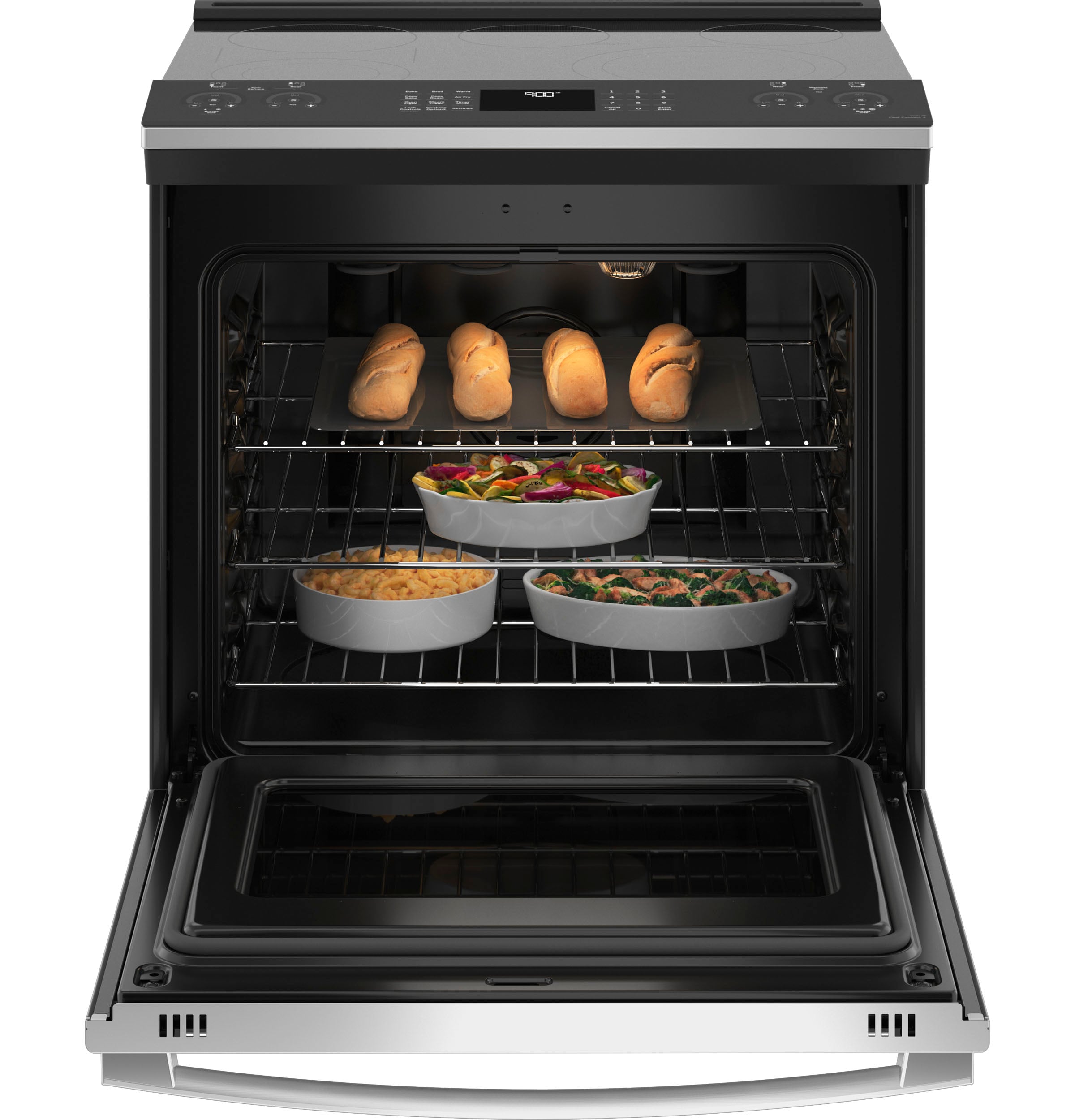 GE Profile 30-in Glass Top 5 burners 5.3-cu ft Air Fry Convection Oven Slide-In Electric Range ( Fingerprint-resistant Stainless Steel )