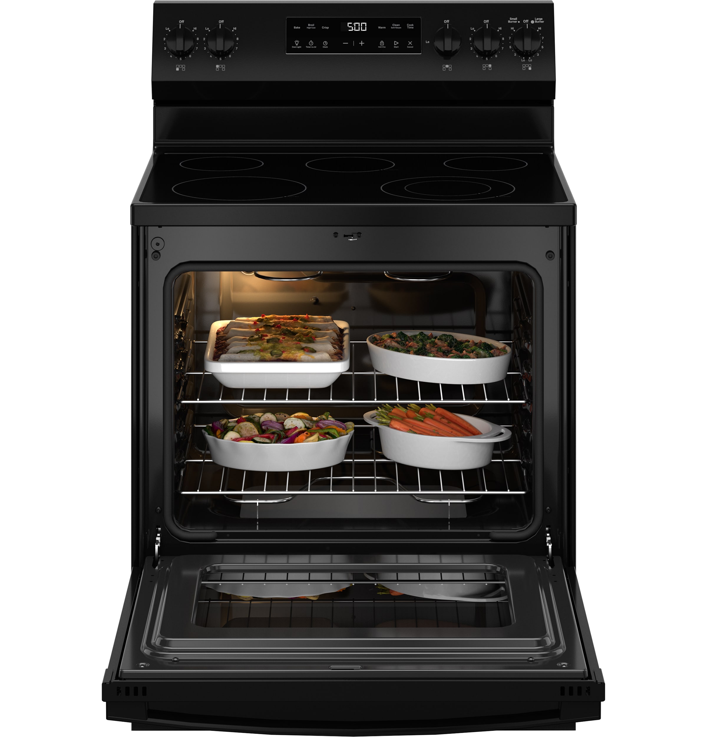 GE Crisp Mode 30-in Glass Top 5 burners 5.3-cu ft Freestanding Electric Range ( Black )
