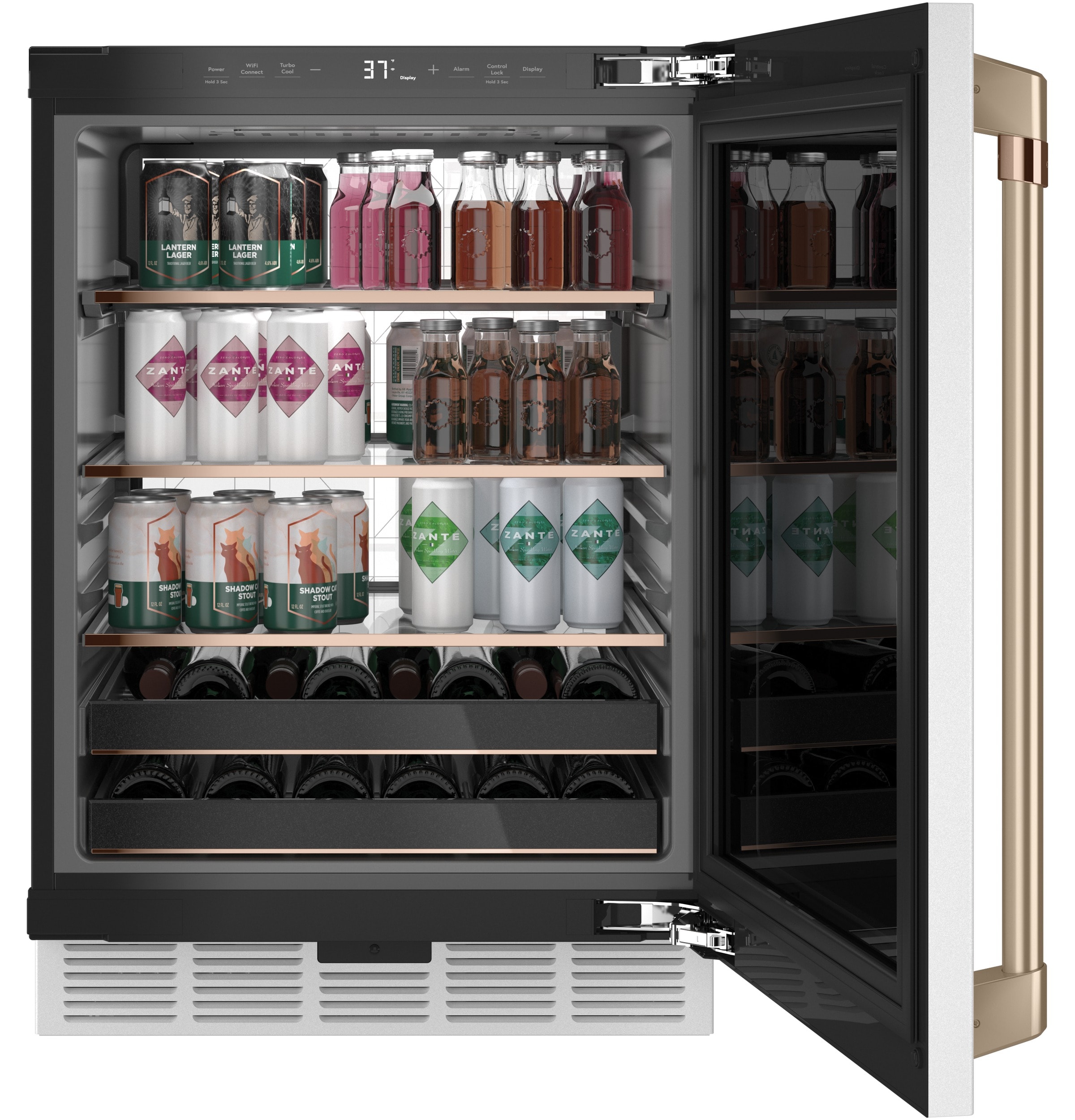 Cafe 23.75-in W 126 -Can Capacity Matte White with Brushed Bronze Handles Built-in/Freestanding Indoor Beverage Refrigerator with Glass Door