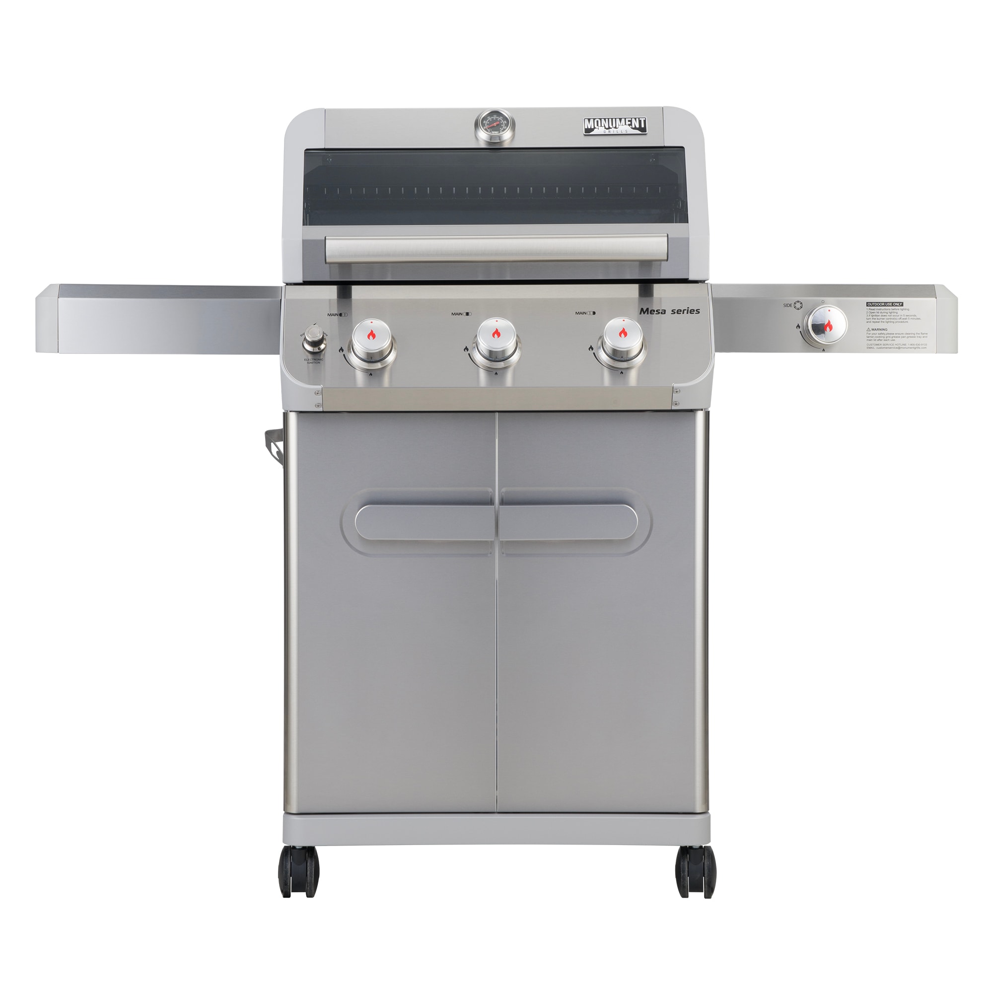 Monument Mesa 305 Stainless Steel 3 -Burner Liquid Propane Gas Grill 1 -Side Burner