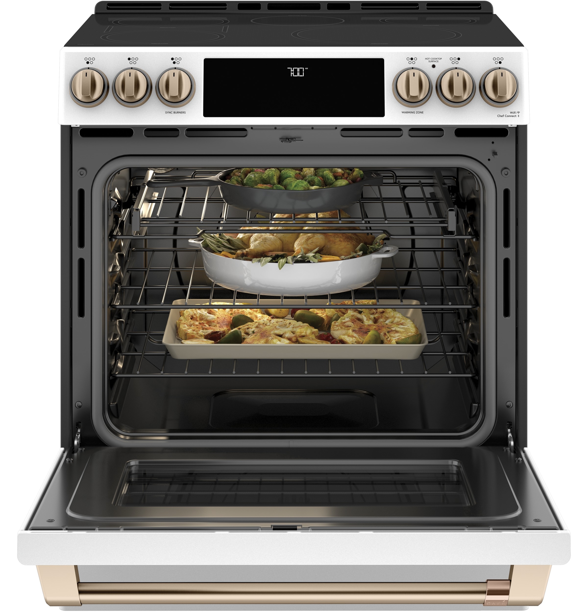 Cafe 30-in Glass Top 5 burners 5.7-cu ft Air Fry Convection Oven Slide-In Electric Range ( Matte White )