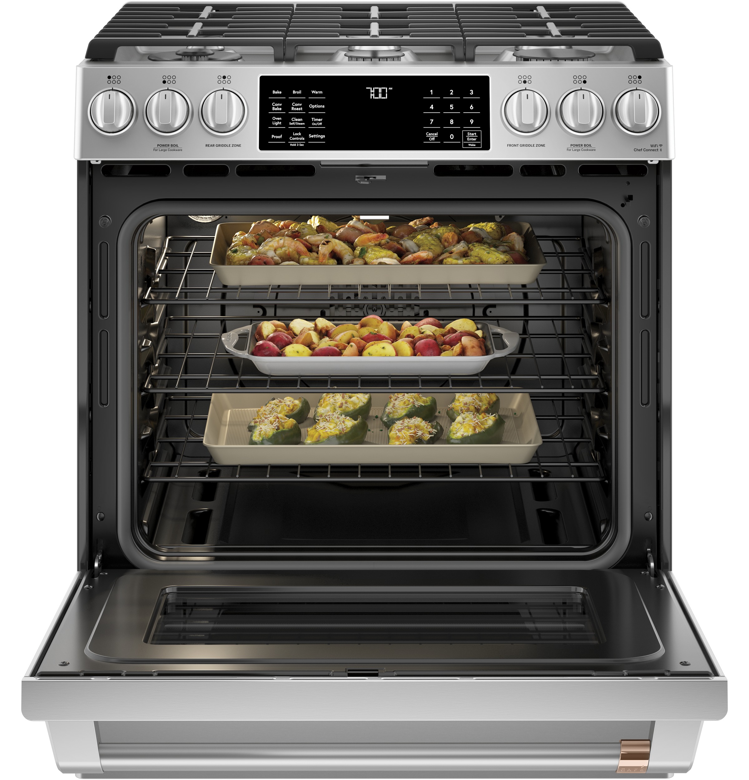 Cafe 30-in 6 burners 5.6-cu ft Air Fry Convection Oven Slide-In Natural Gas Range ( Stainless Steel )