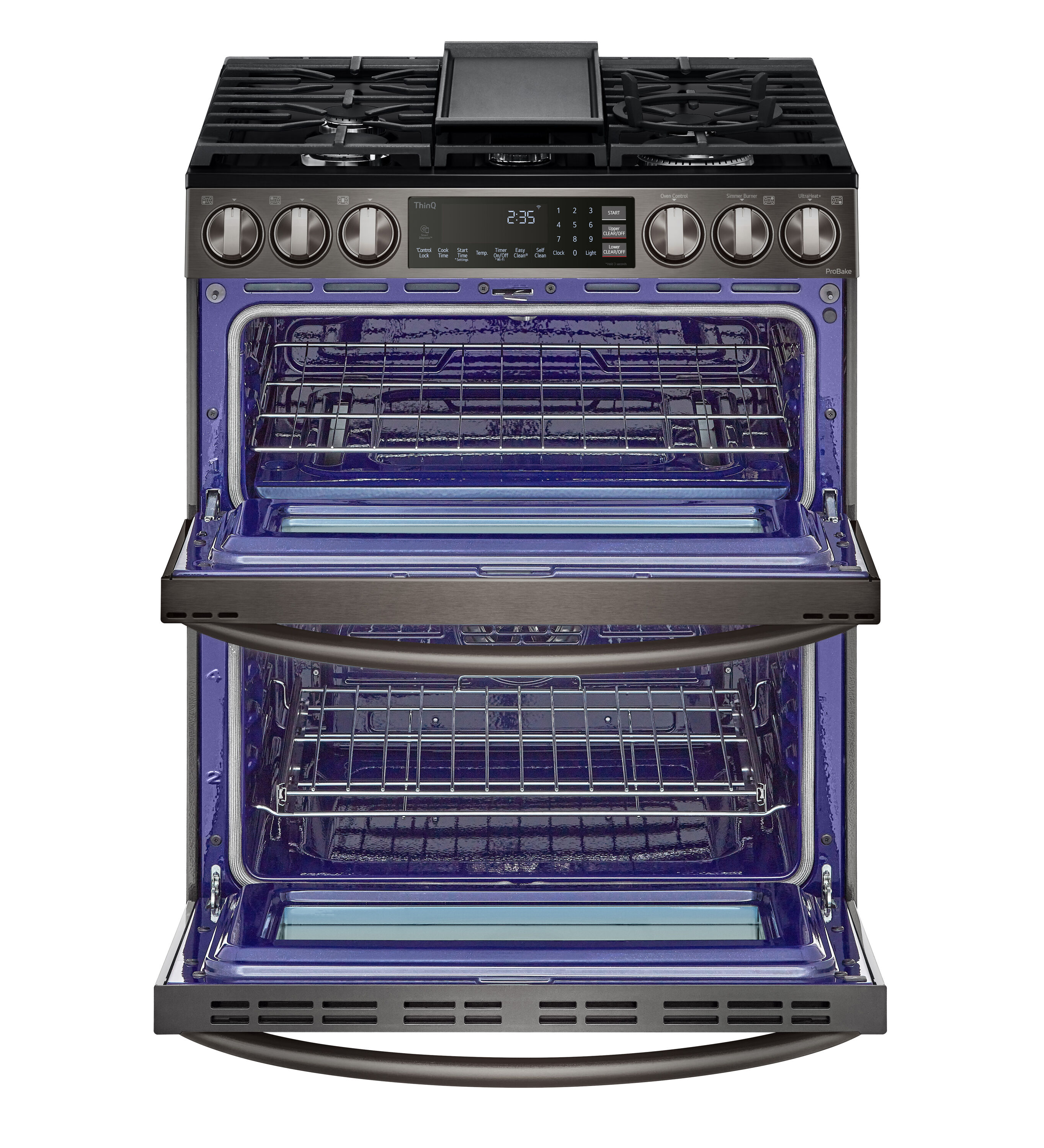 LG 30-in 5 burners 2.6-cu ft / 4.3-cu ft Air Fry Convection Oven Slide-In Double Oven Gas Range ( PrintProof Black Stainless Steel )