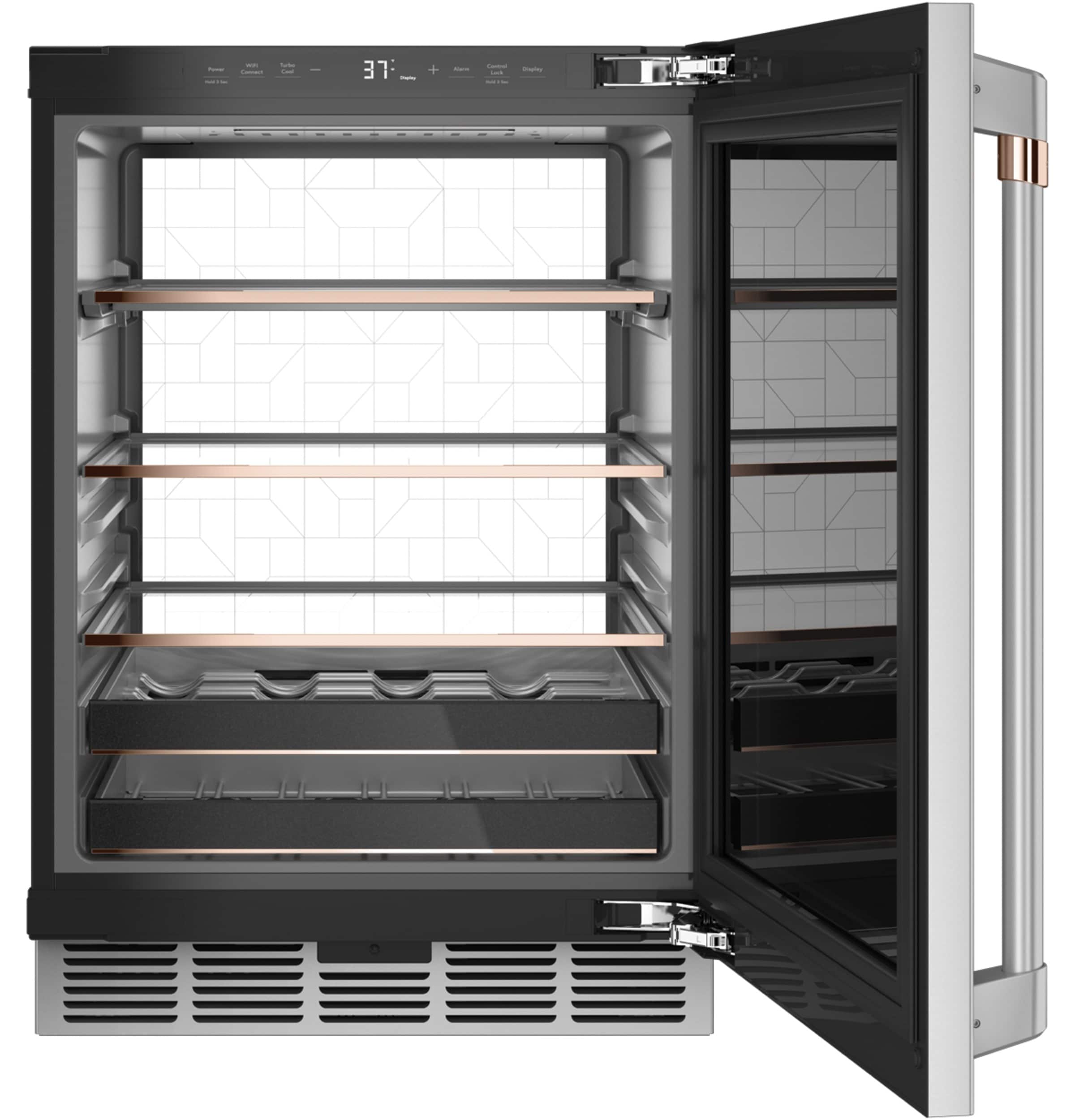 Cafe 23.75-in W 126 -Can Capacity Stainless Steel with Brushed Stainless Handles Built-in/Freestanding Indoor Beverage Refrigerator with Glass Door