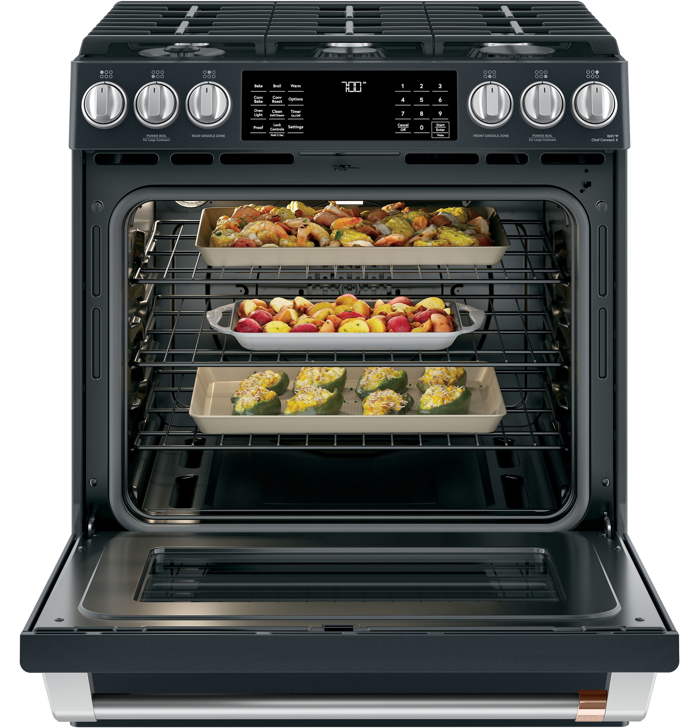 Cafe 30-in 6 burners 5.6-cu ft Air Fry Convection Oven Slide-In Natural Gas Range ( Matte Black )