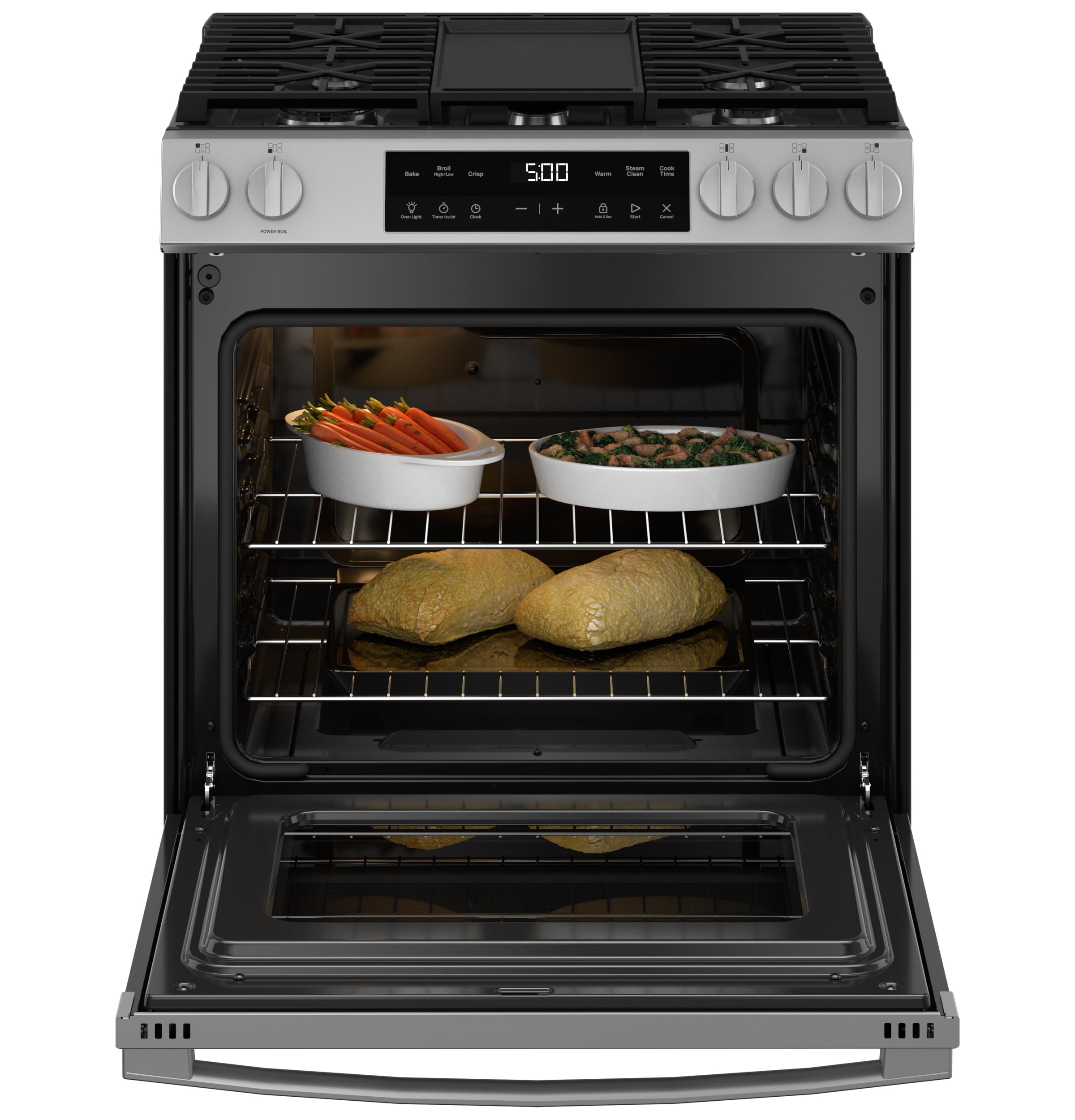 GE Crisp Mode 30-in 5 burners 5.3-cu ft Slide-In Natural Gas Range ( Stainless Steel )