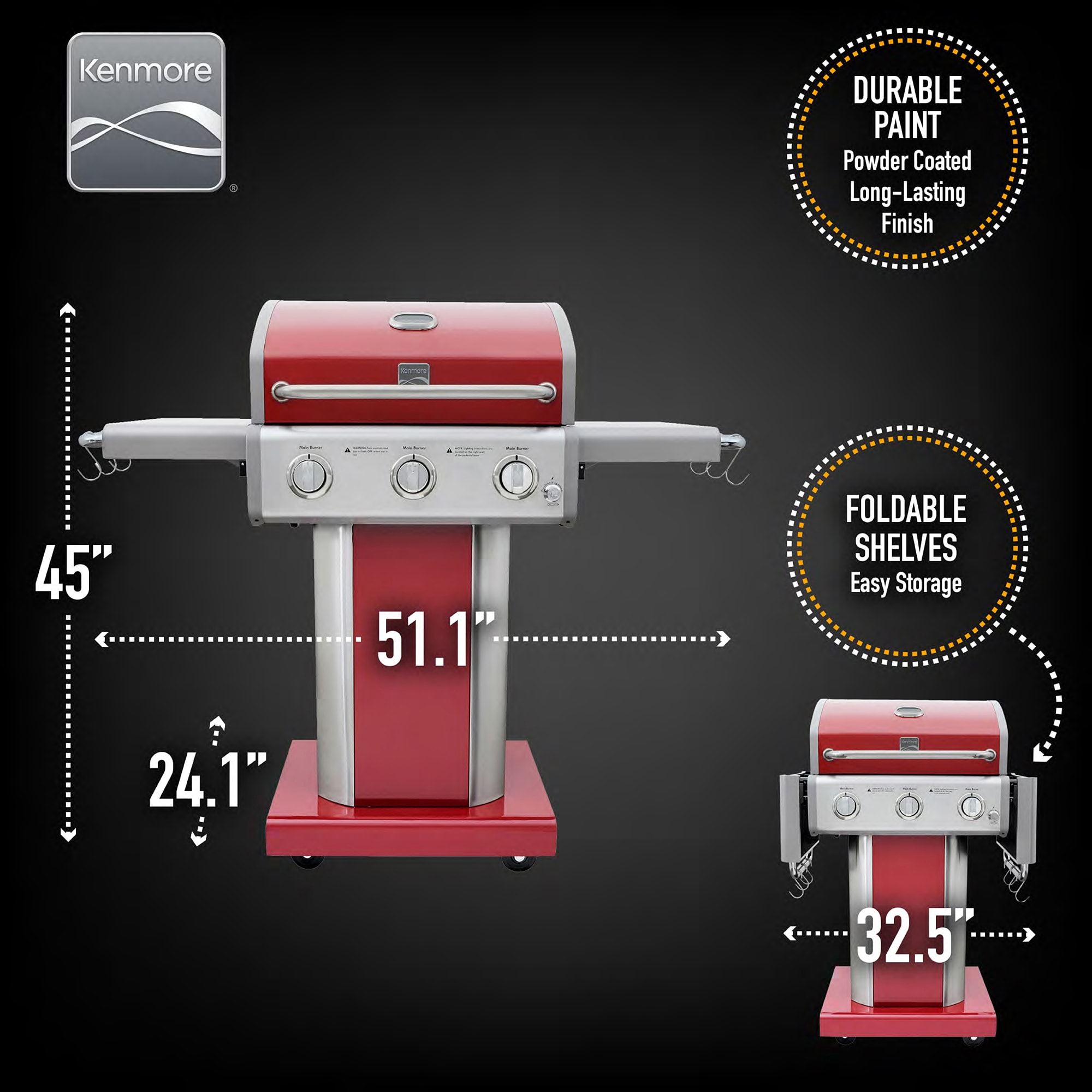Kenmore Red 3 -Burner Liquid Propane Gas Grill