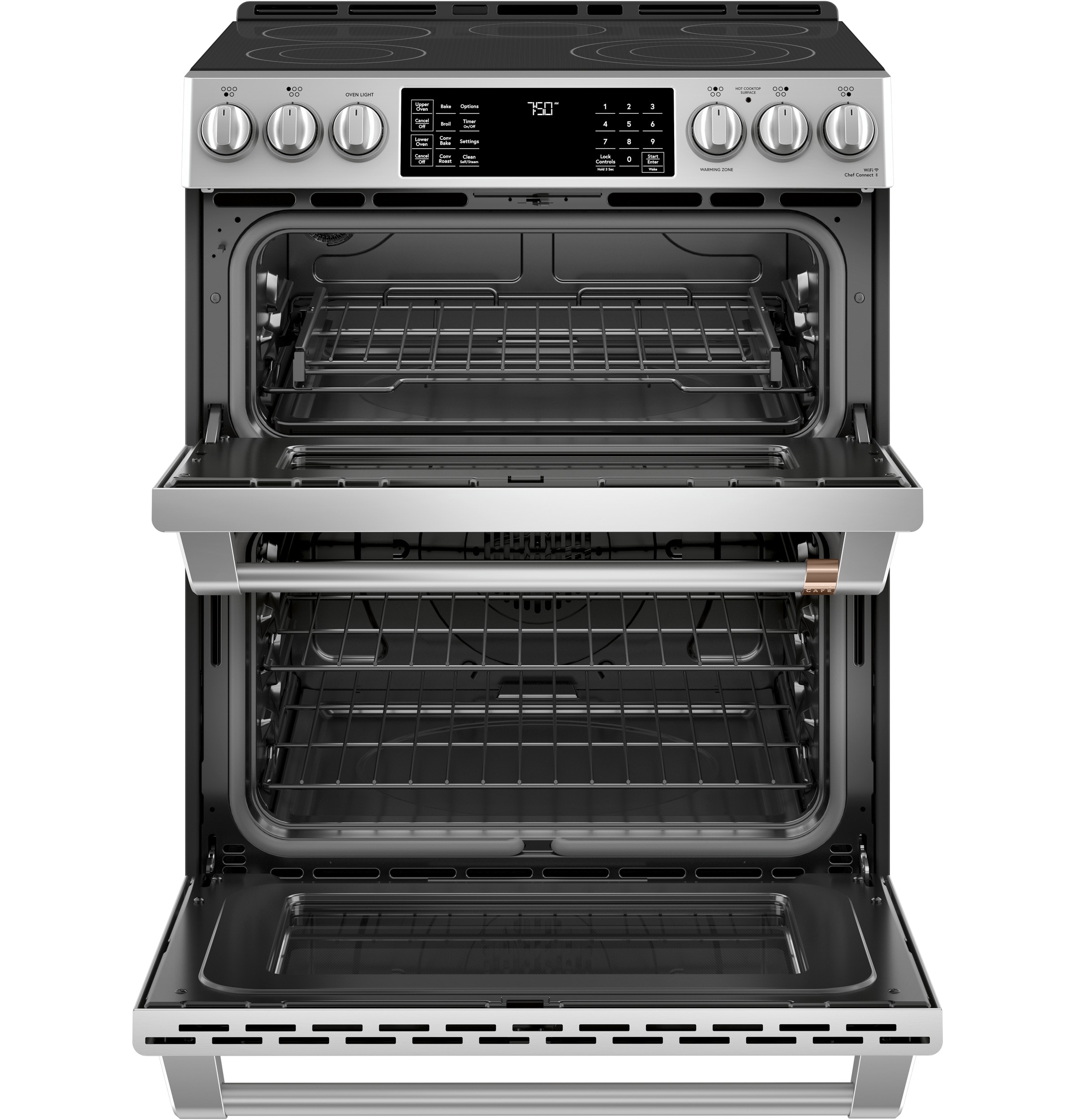 Cafe 30-in Glass Top 5 burners 4.4-cu ft / 2.2-cu ft Air Fry Convection Oven Slide-In Double Oven Electric Range ( Stainless Steel with Brushed Stainless Handles Knobs )