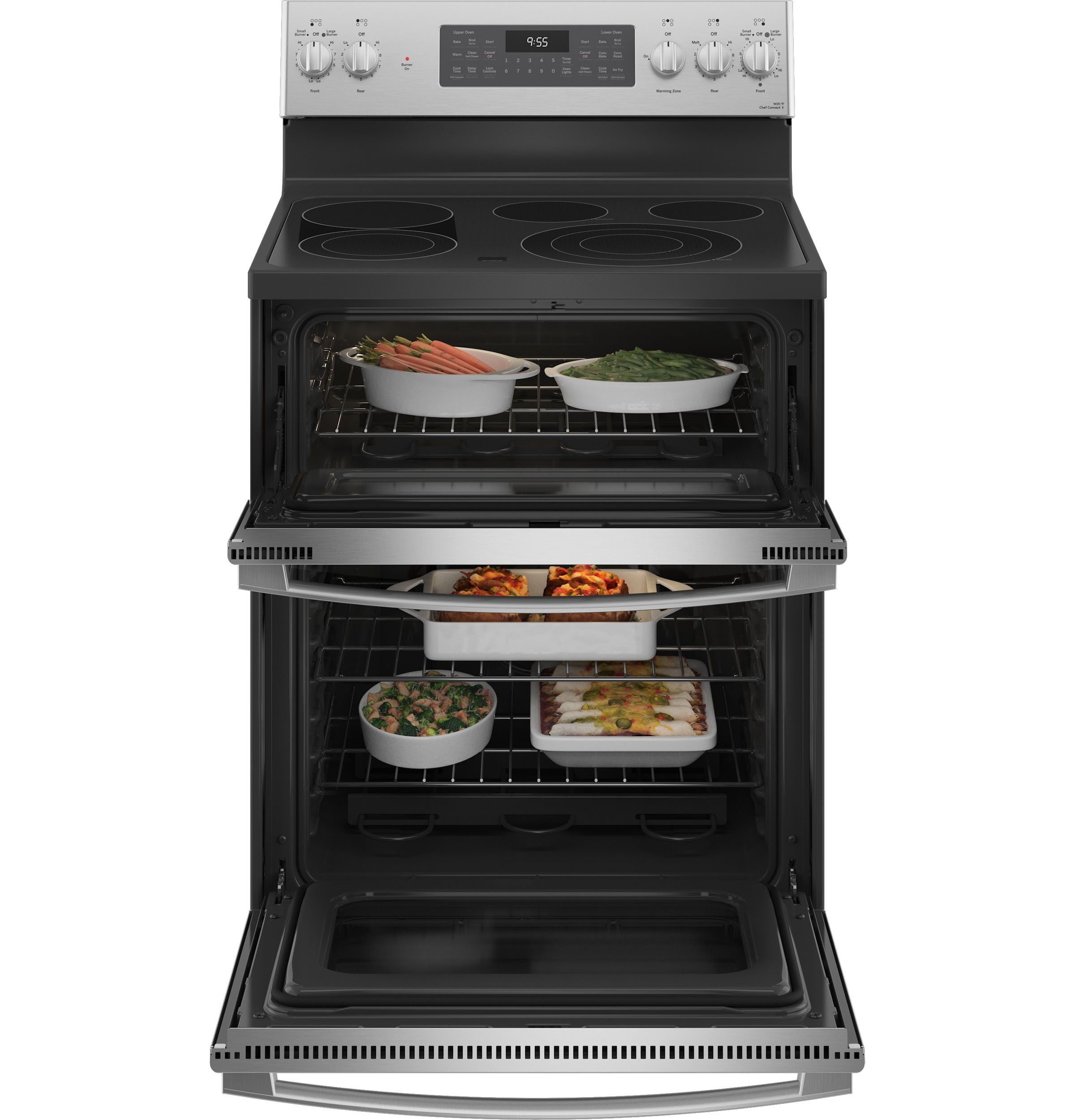 GE Profile 30-in Glass Top 5 burners 4.4-cu ft / 2.2-cu ft Air Fry Convection Oven Freestanding Double Oven Electric Range ( Stainless Steel )