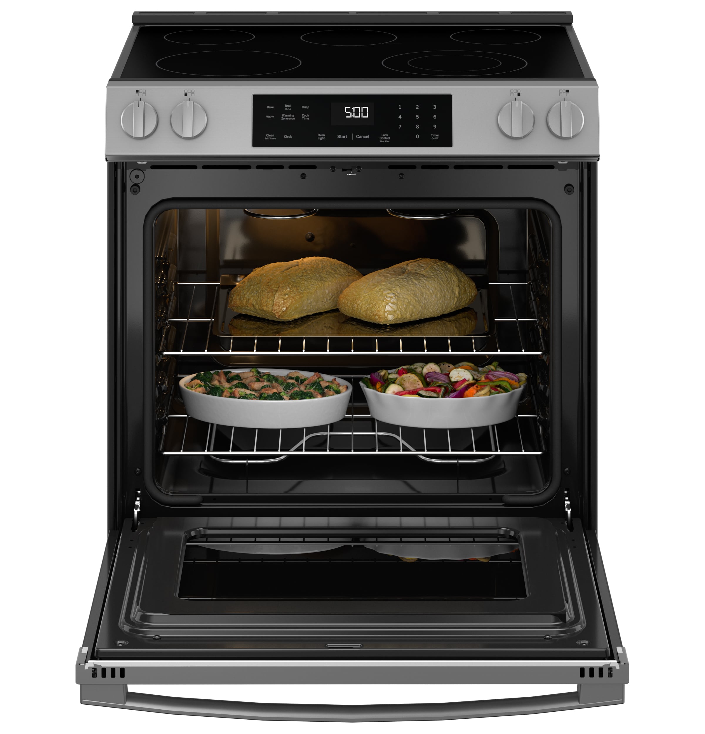 GE Crisp Mode 30-in Glass Top 5 burners 5.3-cu ft Slide-In Electric Range ( Stainless Steel )