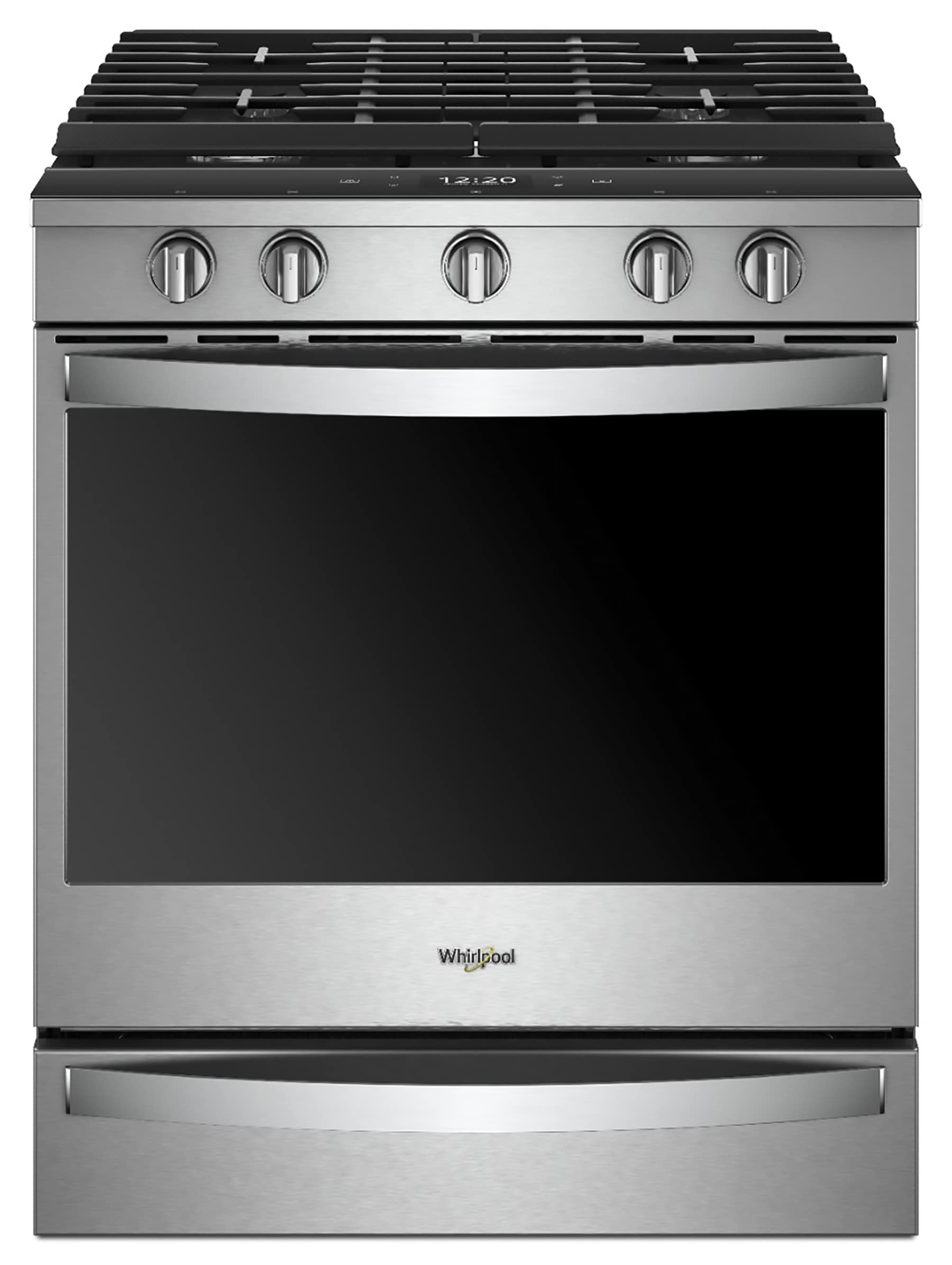 Whirlpool 30-in 5 burners 5.8-cu ft Air Fry Convection Oven Slide-In Natural Gas Range ( Fingerprint Resistant Stainless Steel )