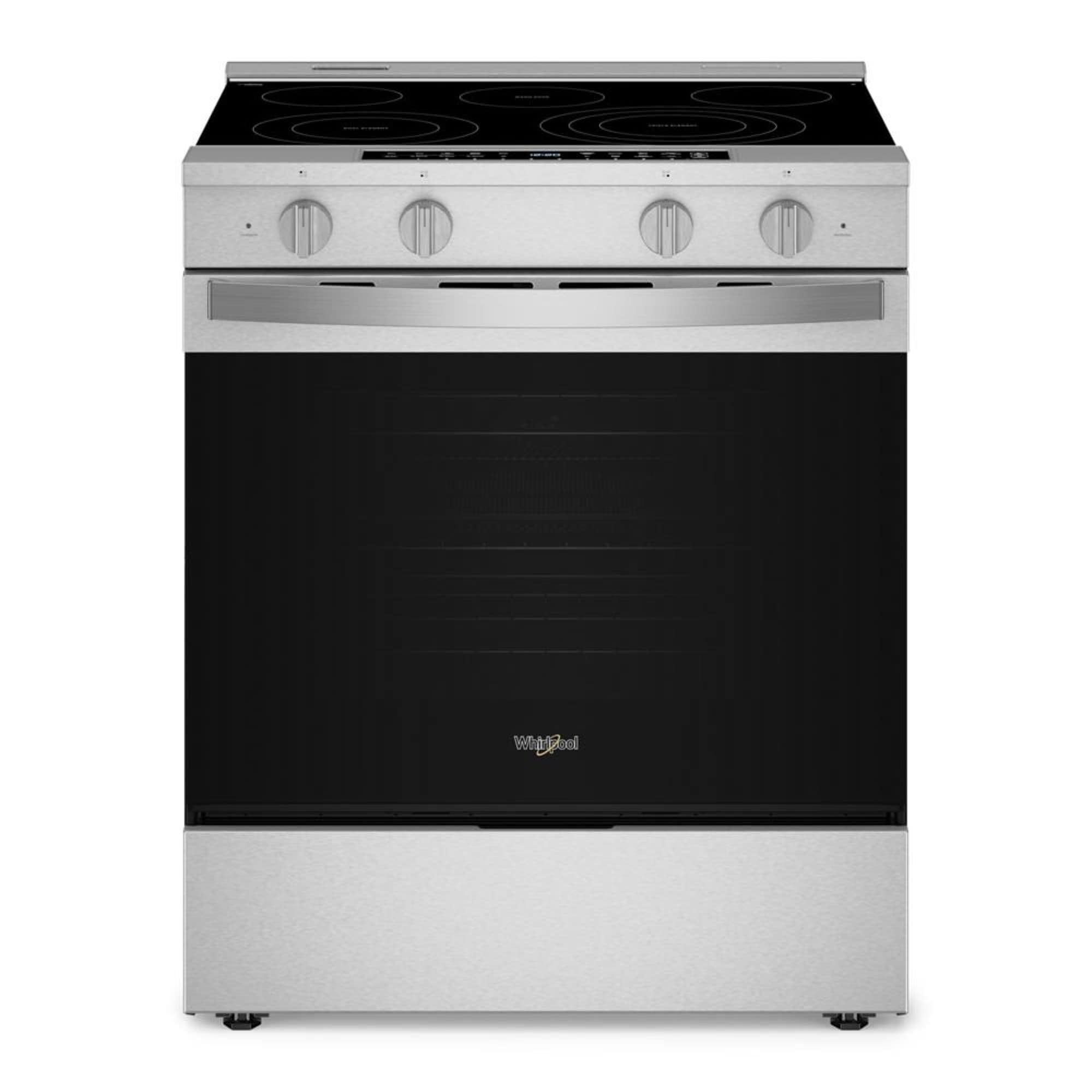 Whirlpool 30-in Glass Top 5 burners 5.3-cu ft Air Fry Convection Oven Slide-In Electric Range with WipeClean Coating ( Fingerprint Resistant Stainless Steel )