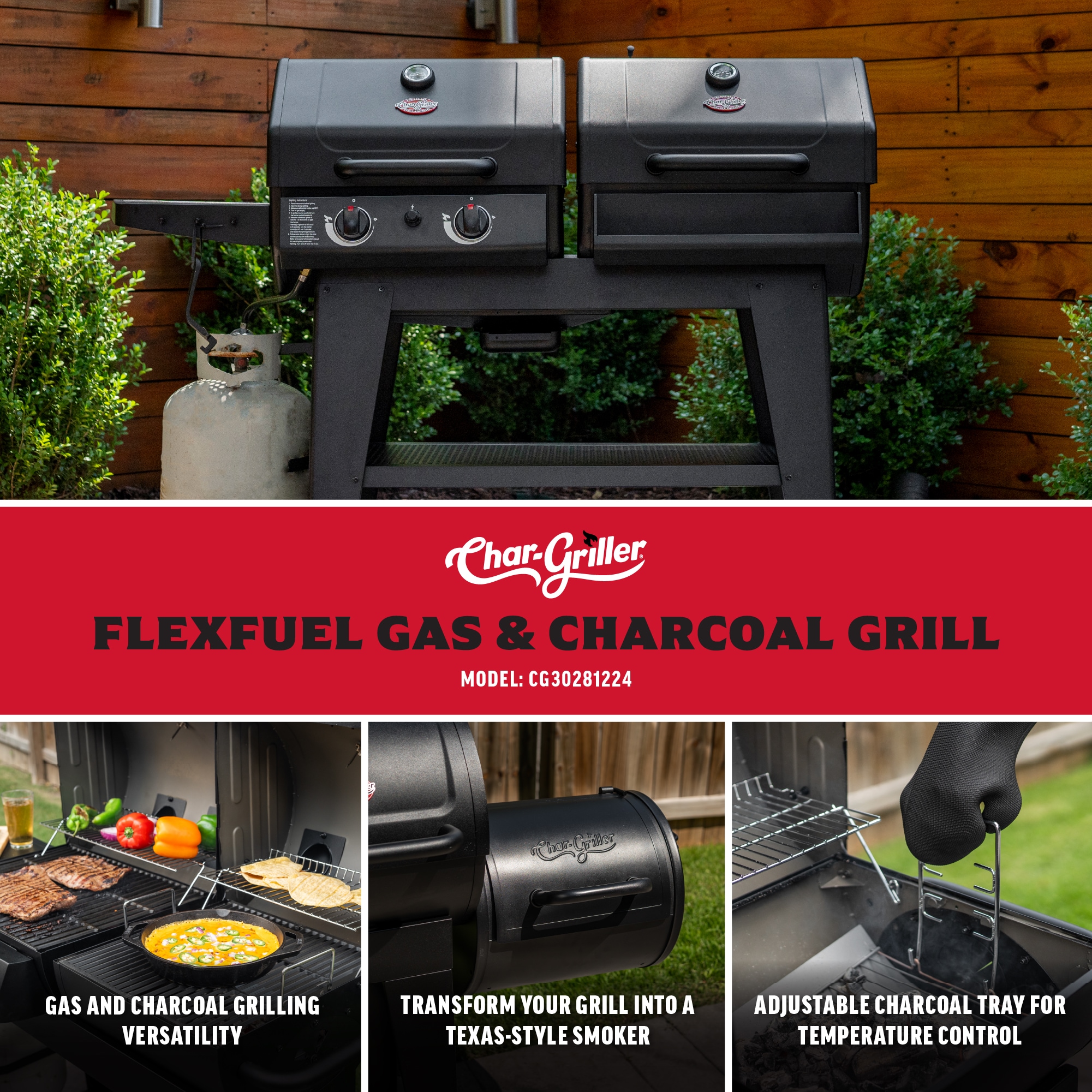 Char-Griller FlexFuel Black Liquid propane and charcoal Combo Grill