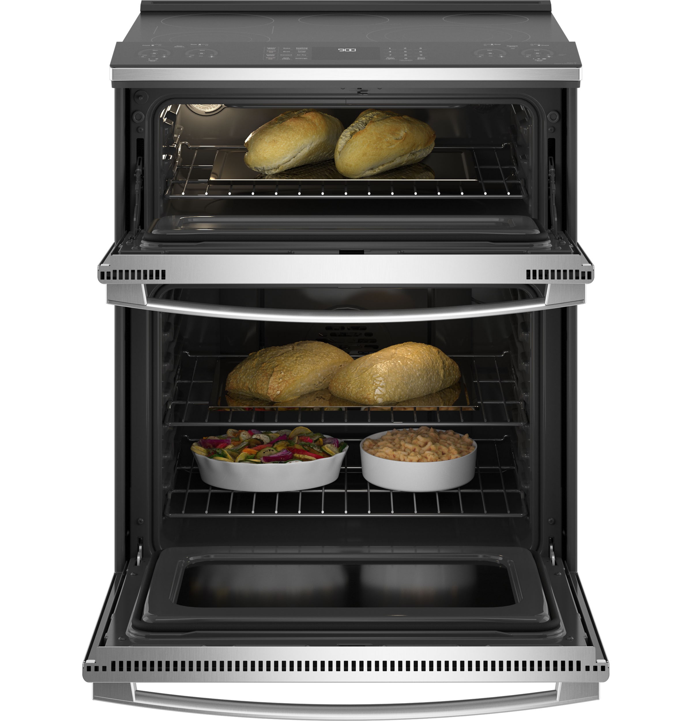 GE Profile 30-in Glass Top 5 burners 4.4-cu ft / 2.2-cu ft Air Fry Convection Oven Slide-In Double Oven Electric Range ( Stainless Steel )