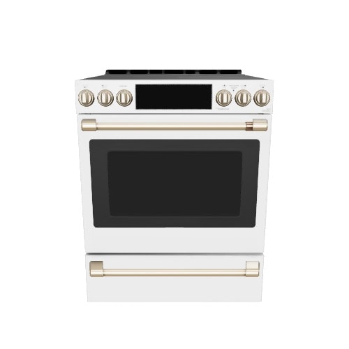 Cafe 30-in Glass Top 5 burners 5.7-cu ft Air Fry Convection Oven Slide-In Electric Range ( Matte White )
