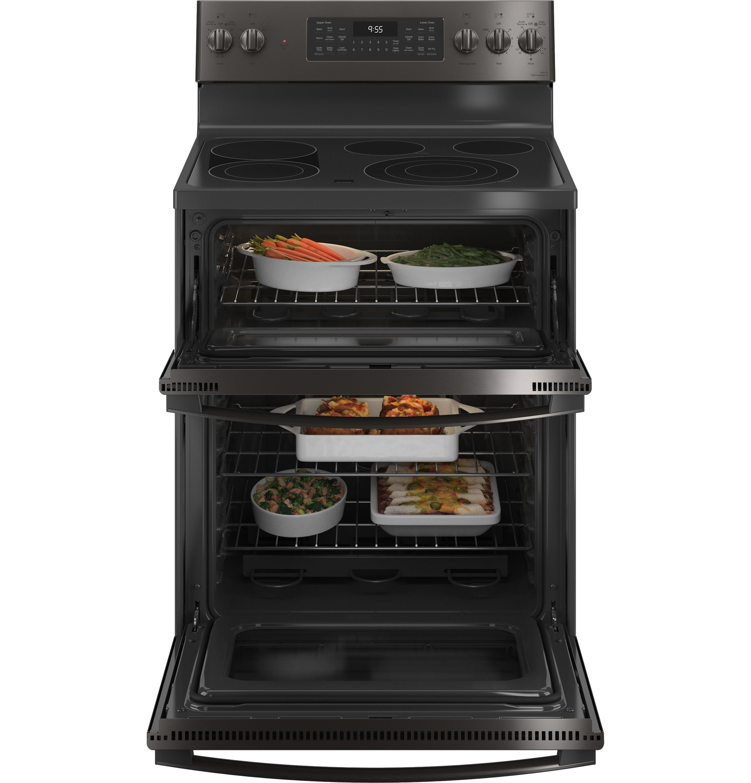 GE Profile 30-in Glass Top 5 burners 4.4-cu ft / 2.2-cu ft Air Fry Convection Oven Freestanding Double Oven Electric Range ( Black Stainless )