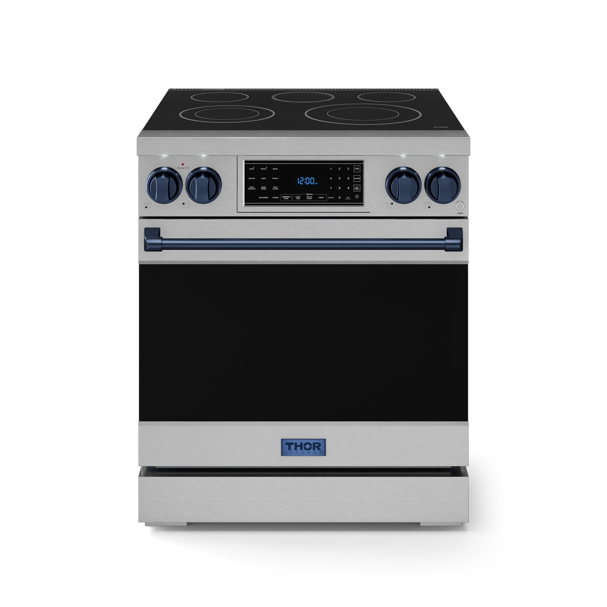 Thor Kitchen Gordon Ramsay Series 30-in Glass Top 5 burners 4.55-cu ft Air Fry Convection Oven Freestanding Electric Range ( Stainless Steel with Navy Blue Accents )