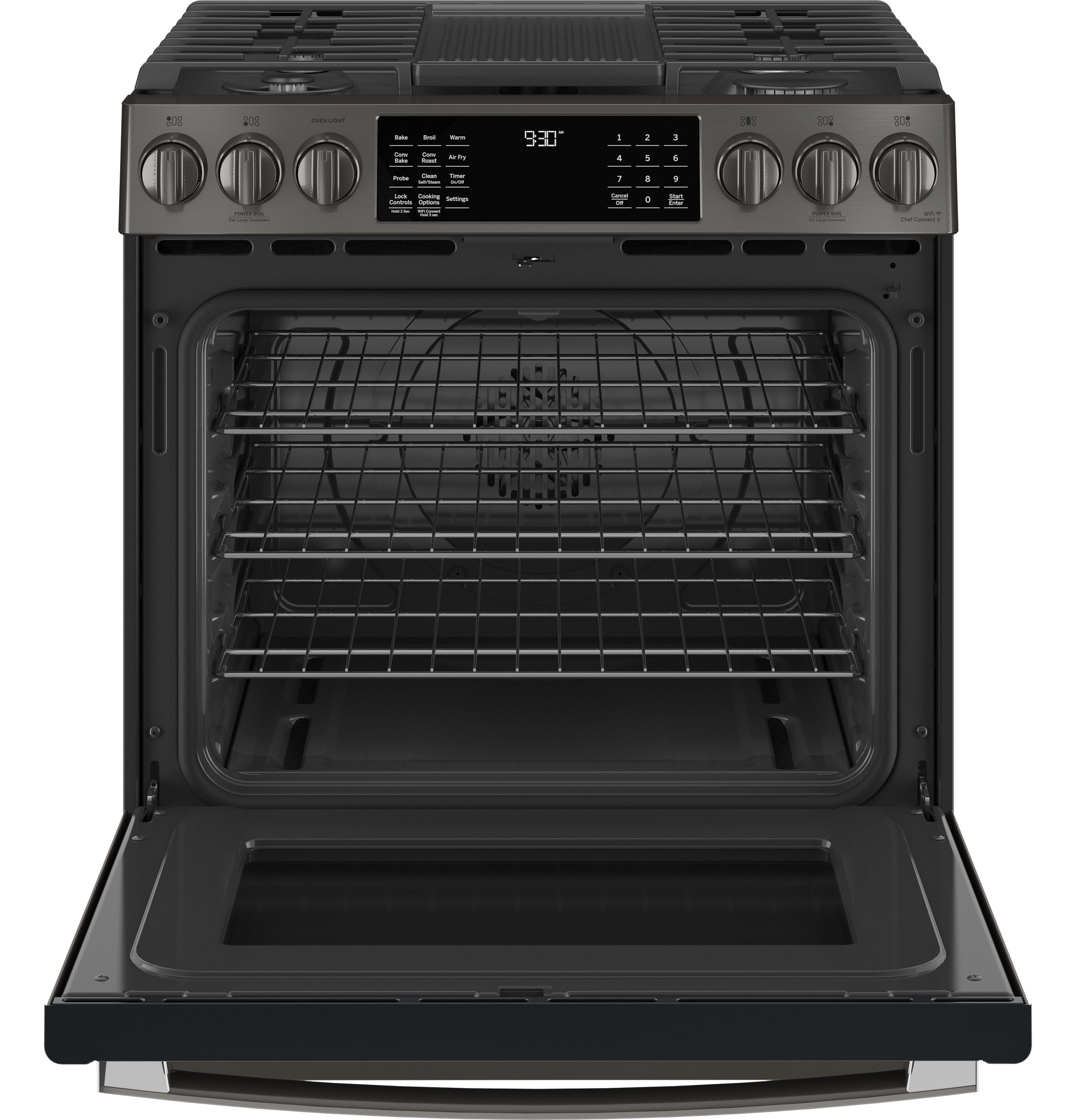 GE Profile 30-in 5 burners 5.6-cu ft Air Fry Convection Oven Slide-In Natural Gas Range ( Black Stainless )