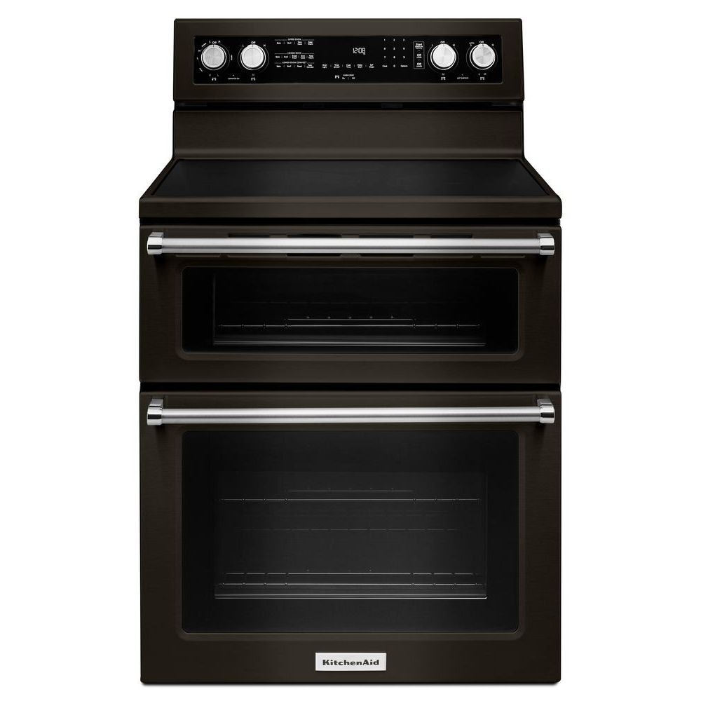 KitchenAid 30-in Glass Top 5 burners 4.2-cu ft / 2.5-cu ft Convection Oven Freestanding Double Oven Electric Range ( Black Stainless with PRINTSHIELD )